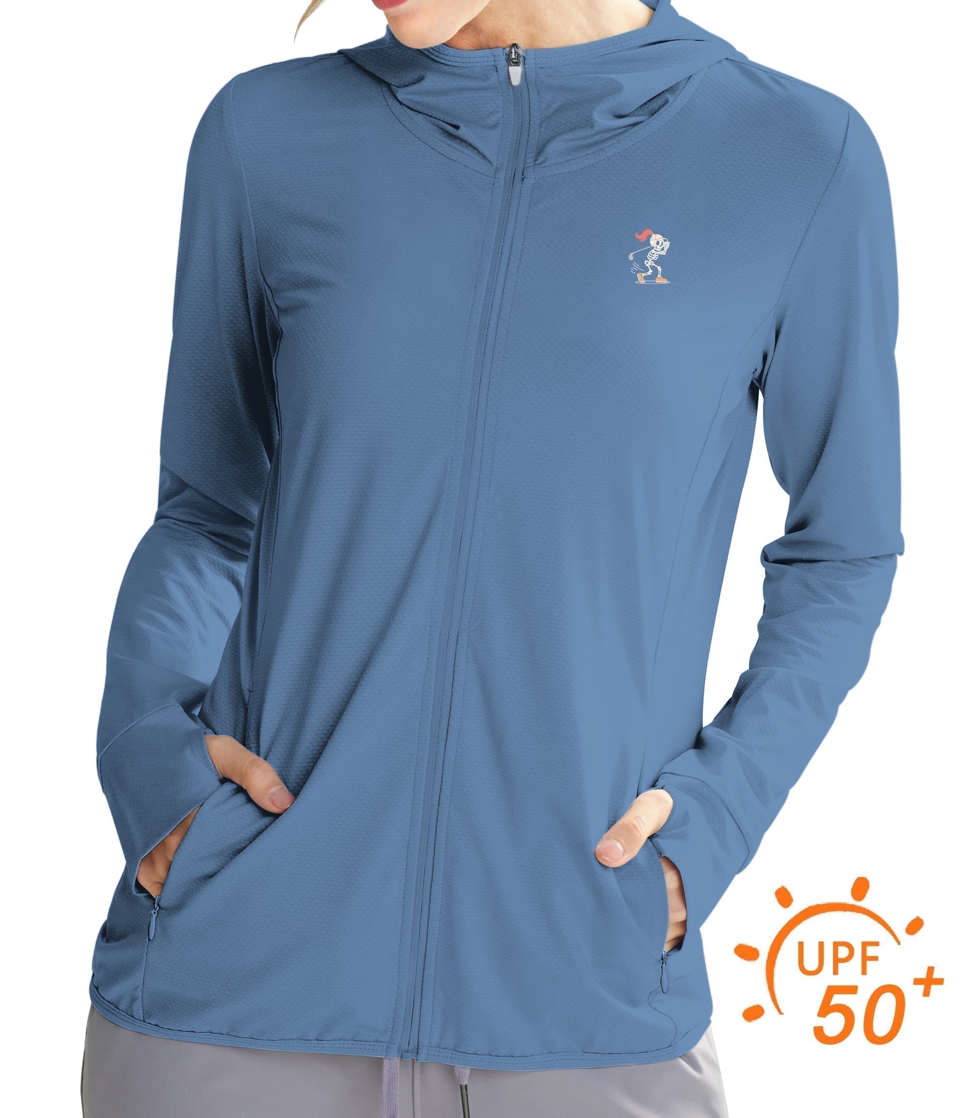Women's outdoor slim fit blue zip hoodie with skeleton design and UPF 50+ sun protection