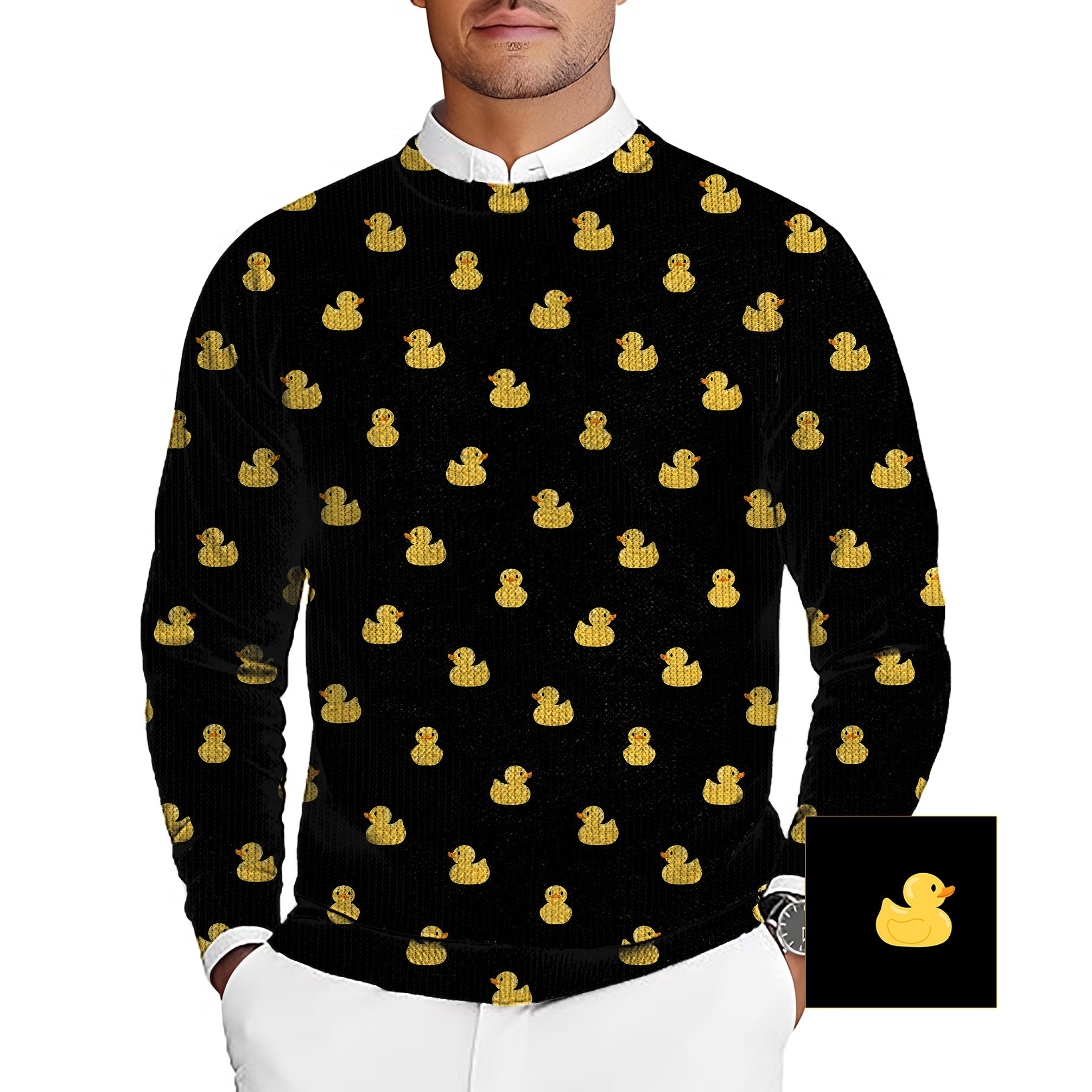 Men's black golf pullover sweater with yellow rubber duck pattern, customizable team logo and details