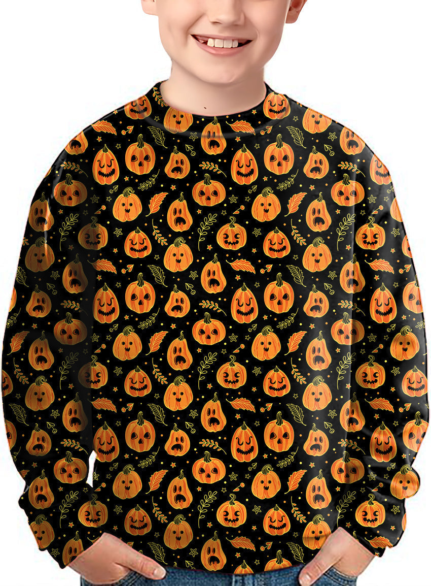 Kids Halloween kawaii pumpkin bones crewneck pullover with orange jack-o'-lanterns and bones on black background
