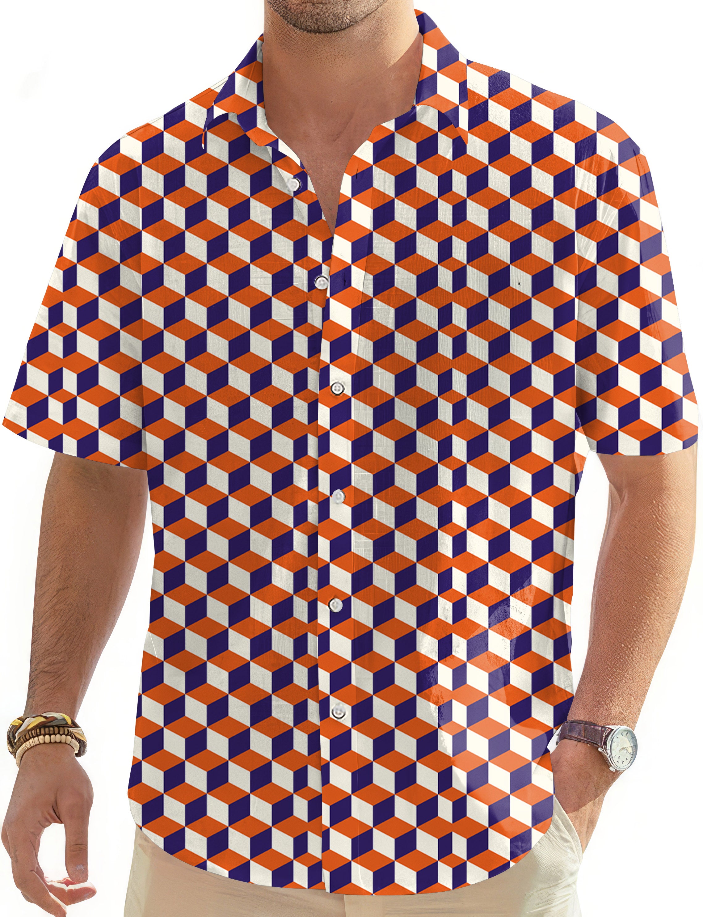 orange 3d square box-Men's Golf Hawaiian Shirts Button Down Shirt