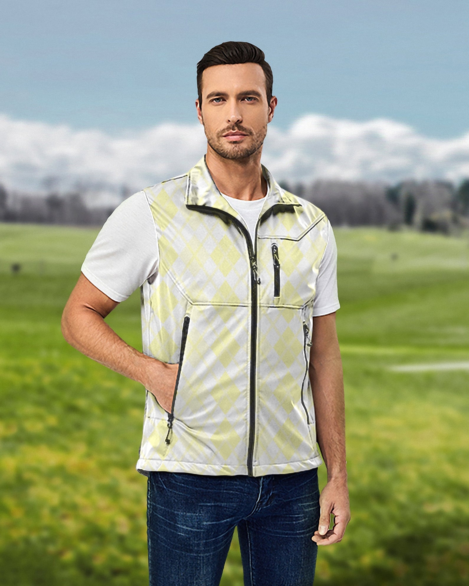 Men's Argyle yellow grid softshell sleeveless vest for golf, lightweight, windproof, and waterproof