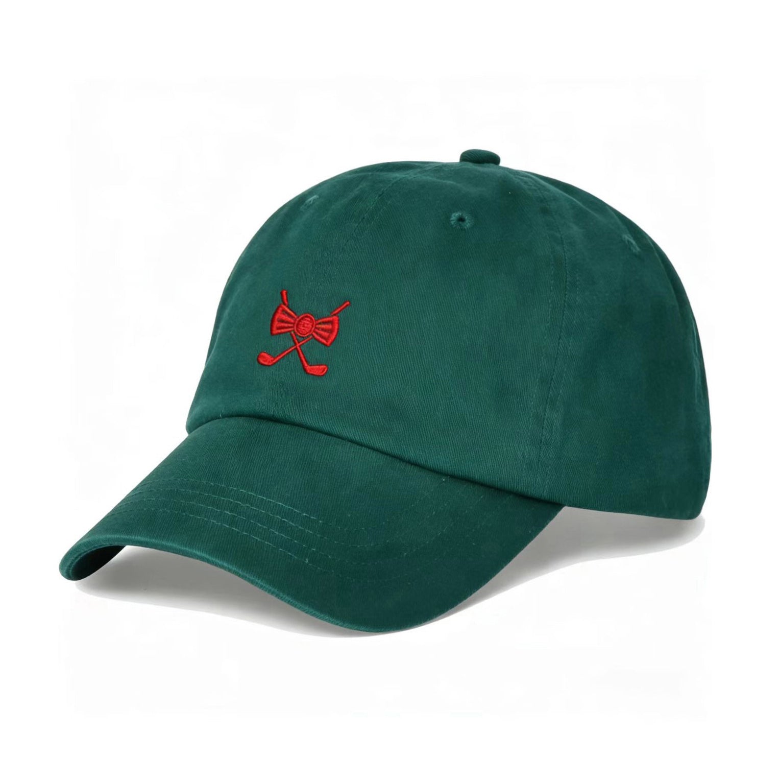 Dark green customized embroidered name golf hat with adjustable snapback and curved brim for sun protection