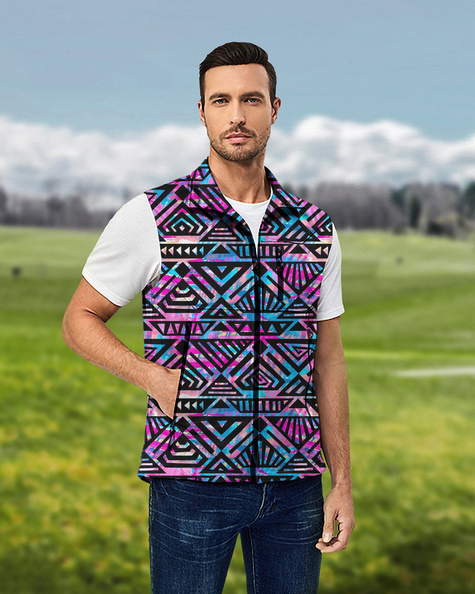Men's Purple grid Lightweight Softshell Vest Sleeveless Jacket for Golf