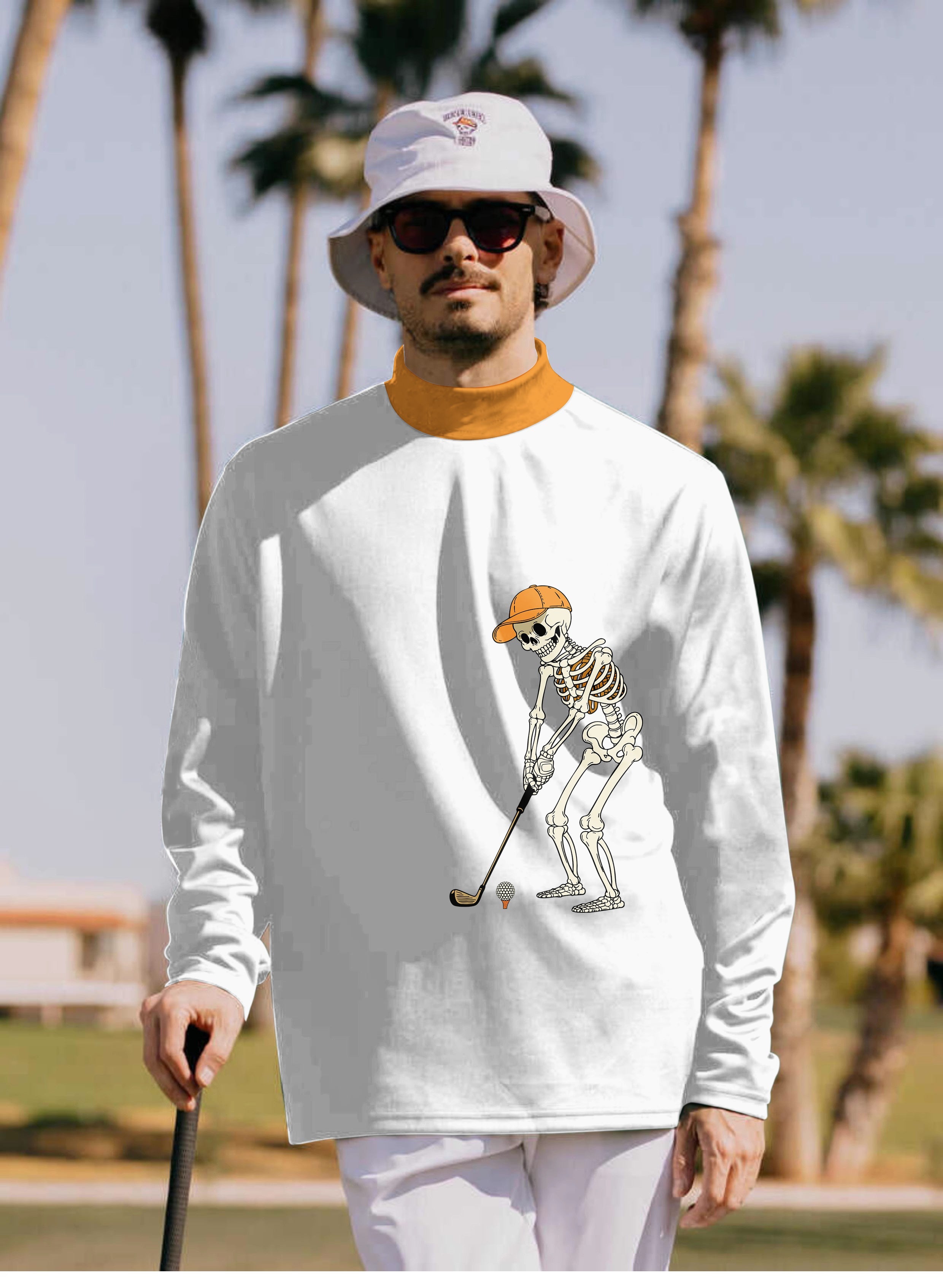 Men's pumpkin white Halloween skeleton golf pullover with high neck and long sleeves