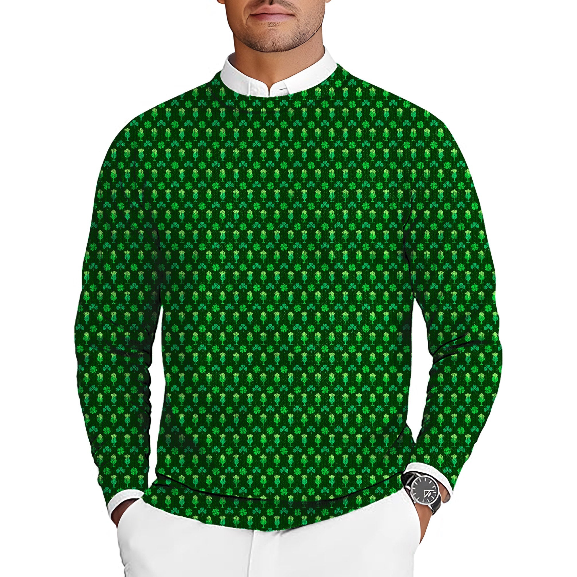 Men's St. Patrick's Day green beer clover leaf golf crewneck pullover sweater