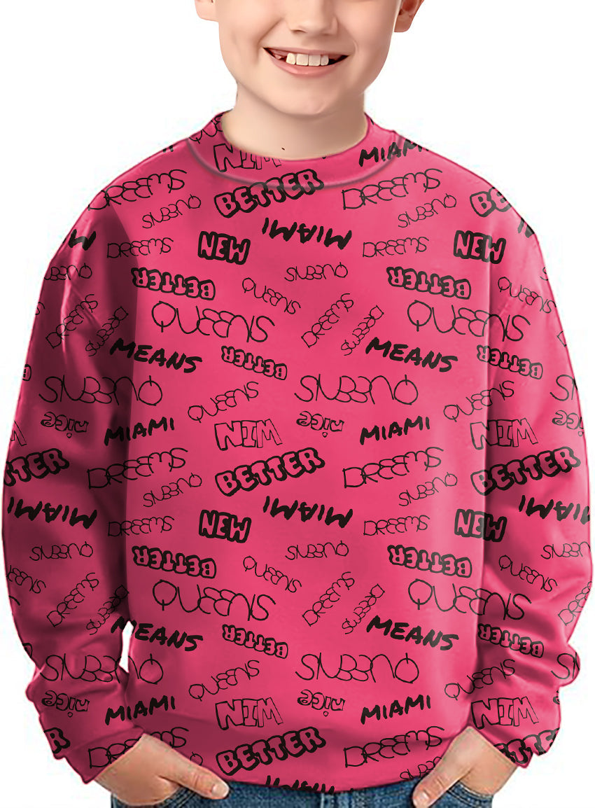 Kids wearing pink Better Miami Crewneck pullover with black graphic text design
