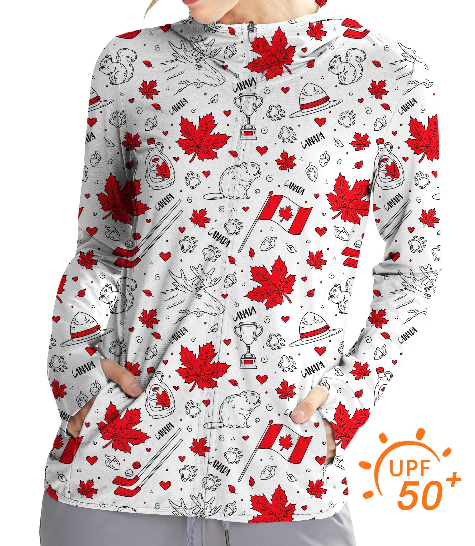 Women's outdoor slim fit zip hoodie with Canadian balloon squirrel and maple leaves pattern, UPF 50+ sun protection