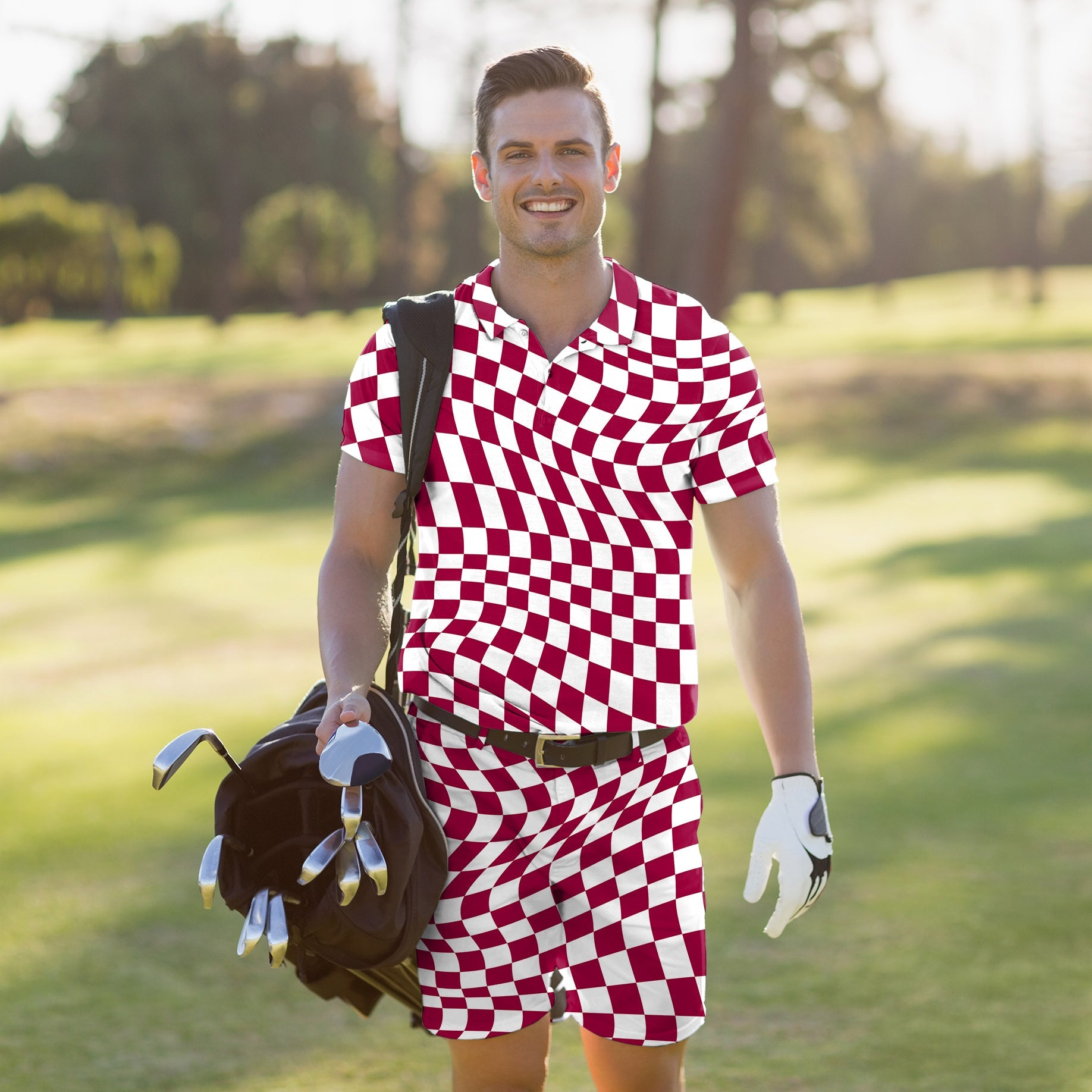 Men's golf set polo and shorts with distorted space checkered pattern, moisture-wicking and wrinkle-resistant fabric, four-way stretch and UPF 40+ protection
