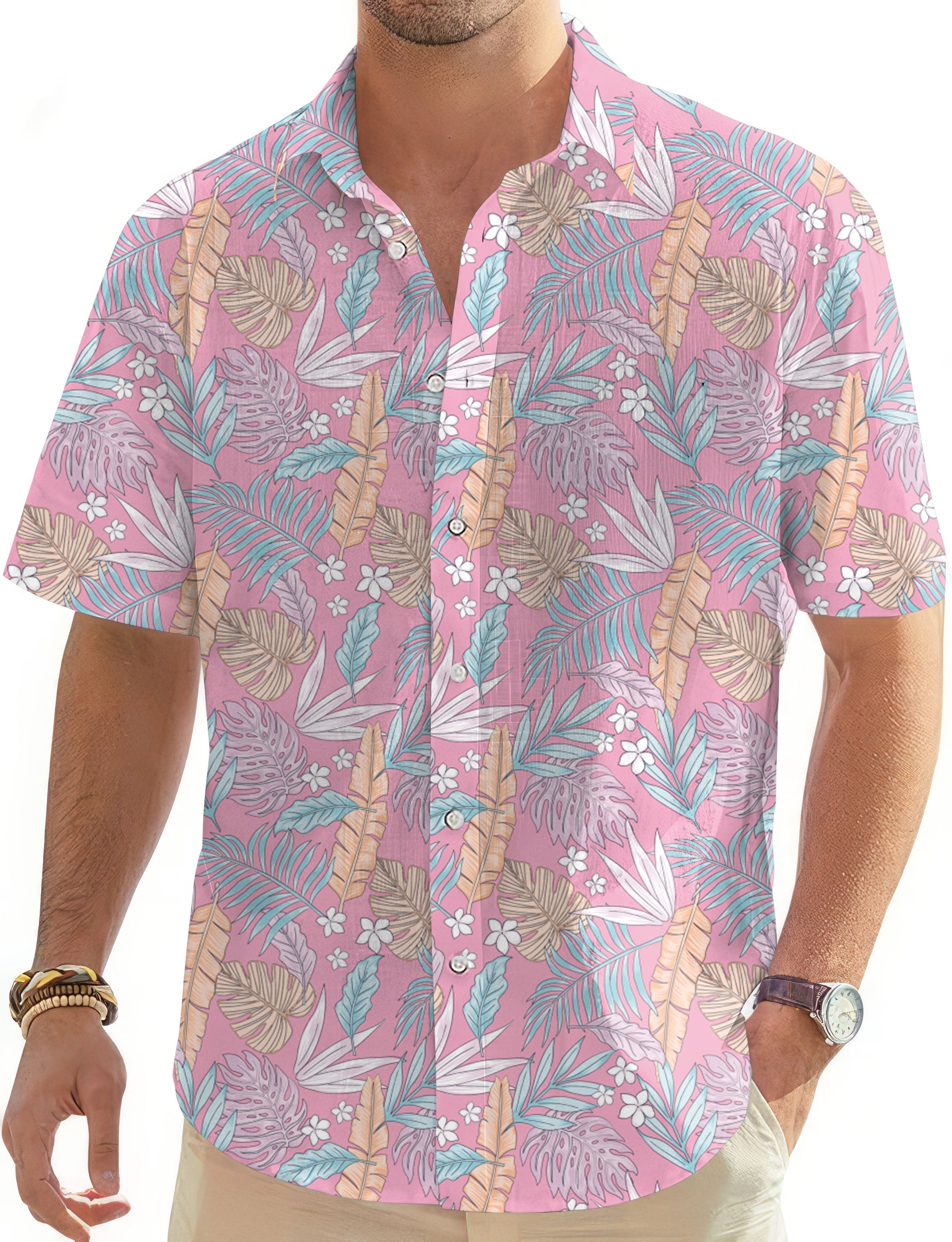 Men's Feathered Paradise Hawaiian golf shirt with pink tropical print and button-down style