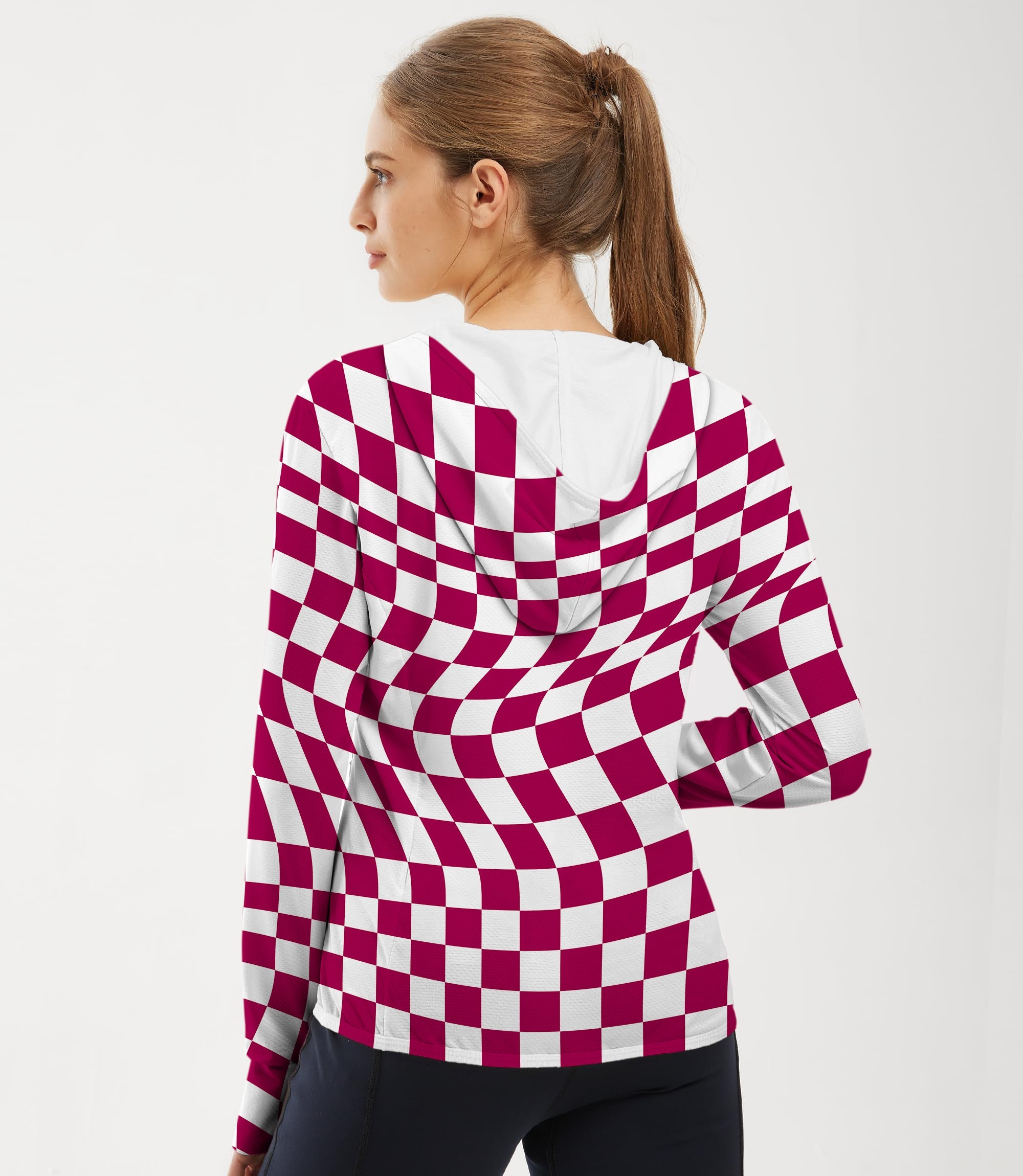 Women's outdoor slim fit zip hoodie with distorted checkered pattern and sun protection fabric