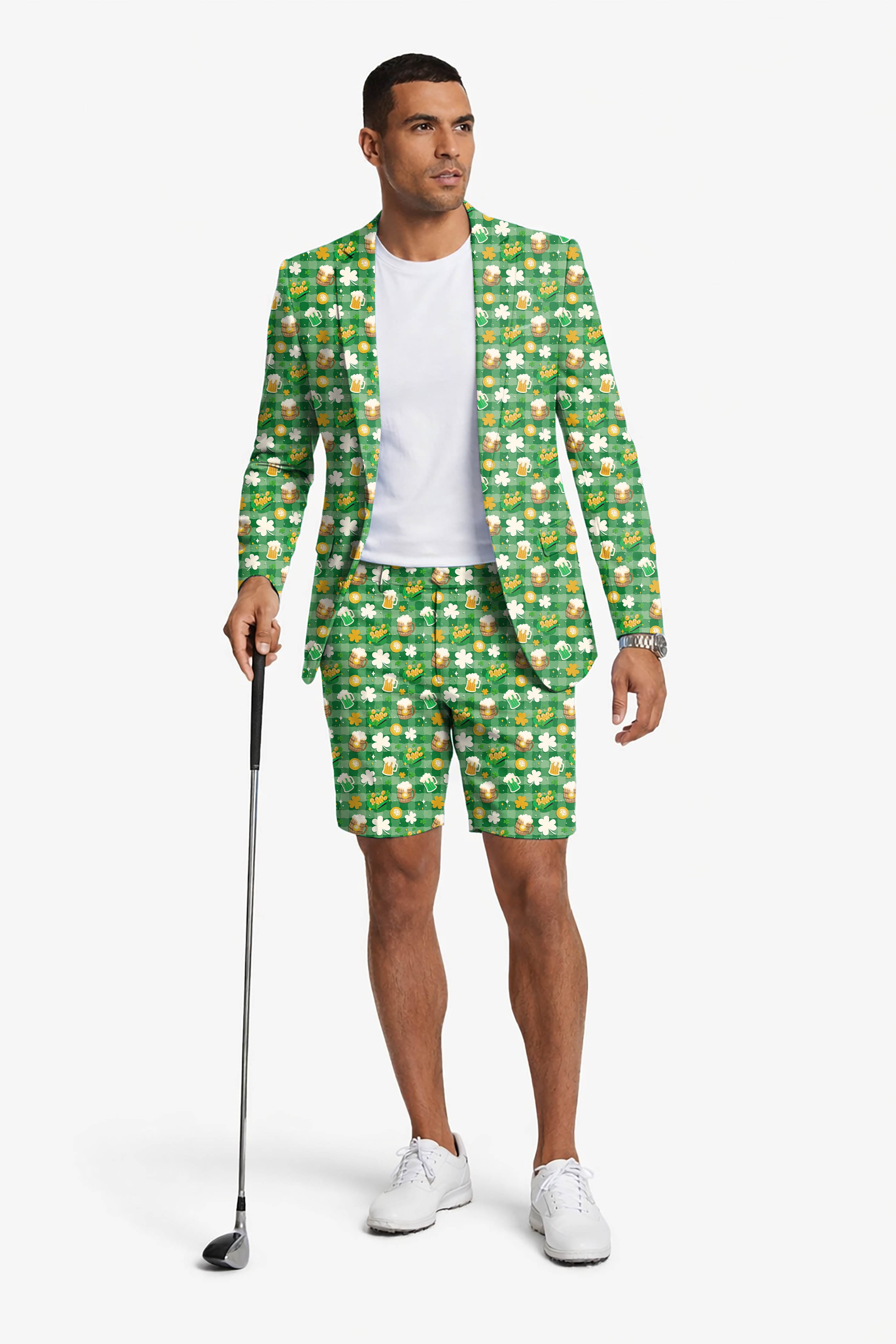 Green beer and clover leaf St. Patrick's Day Men's Party Costumes-Theme Party 2pcs Suit set-Blazer Shorts