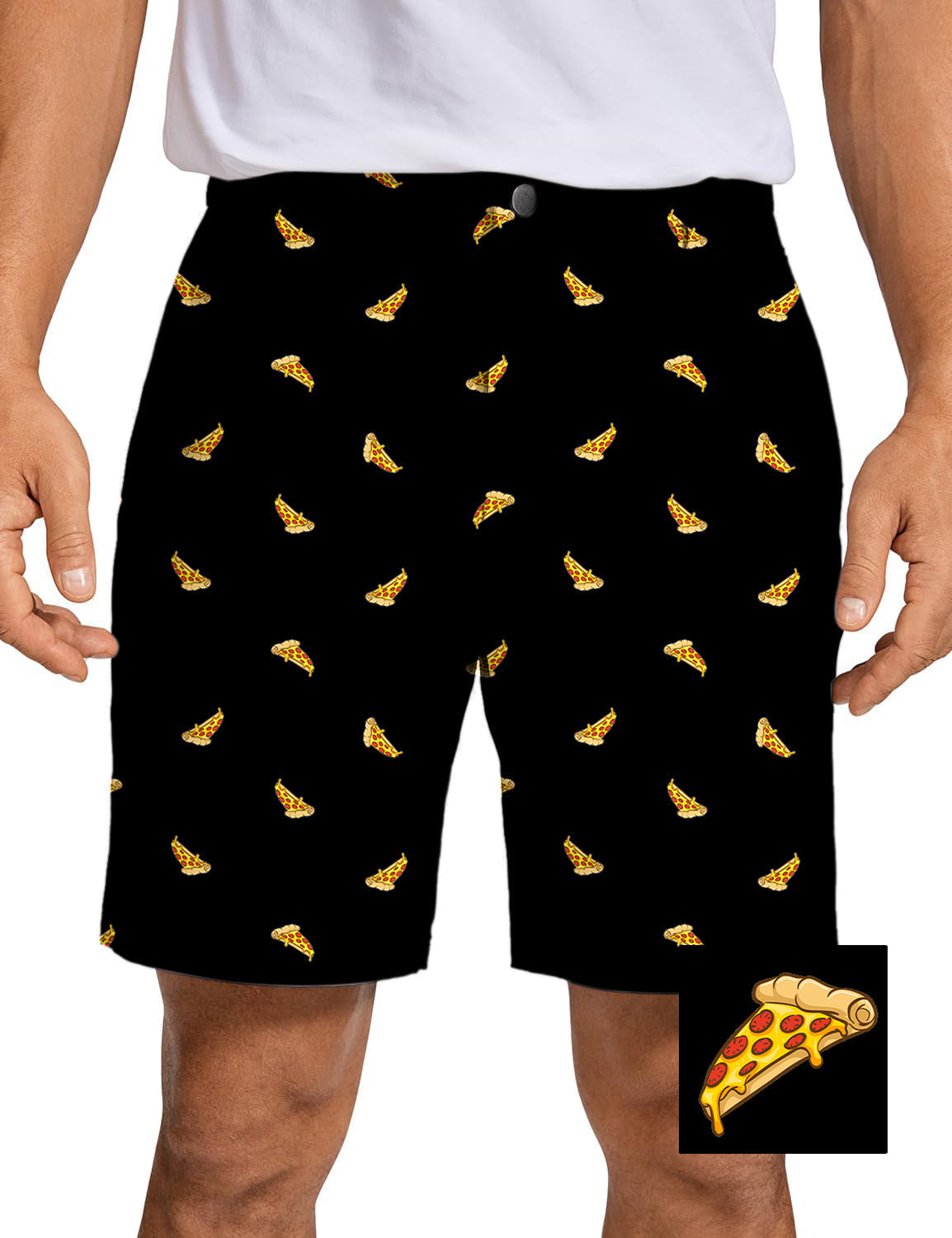 Men's black golf shorts with delicious white pizza slice pattern, quick-dry and stretchy fabric