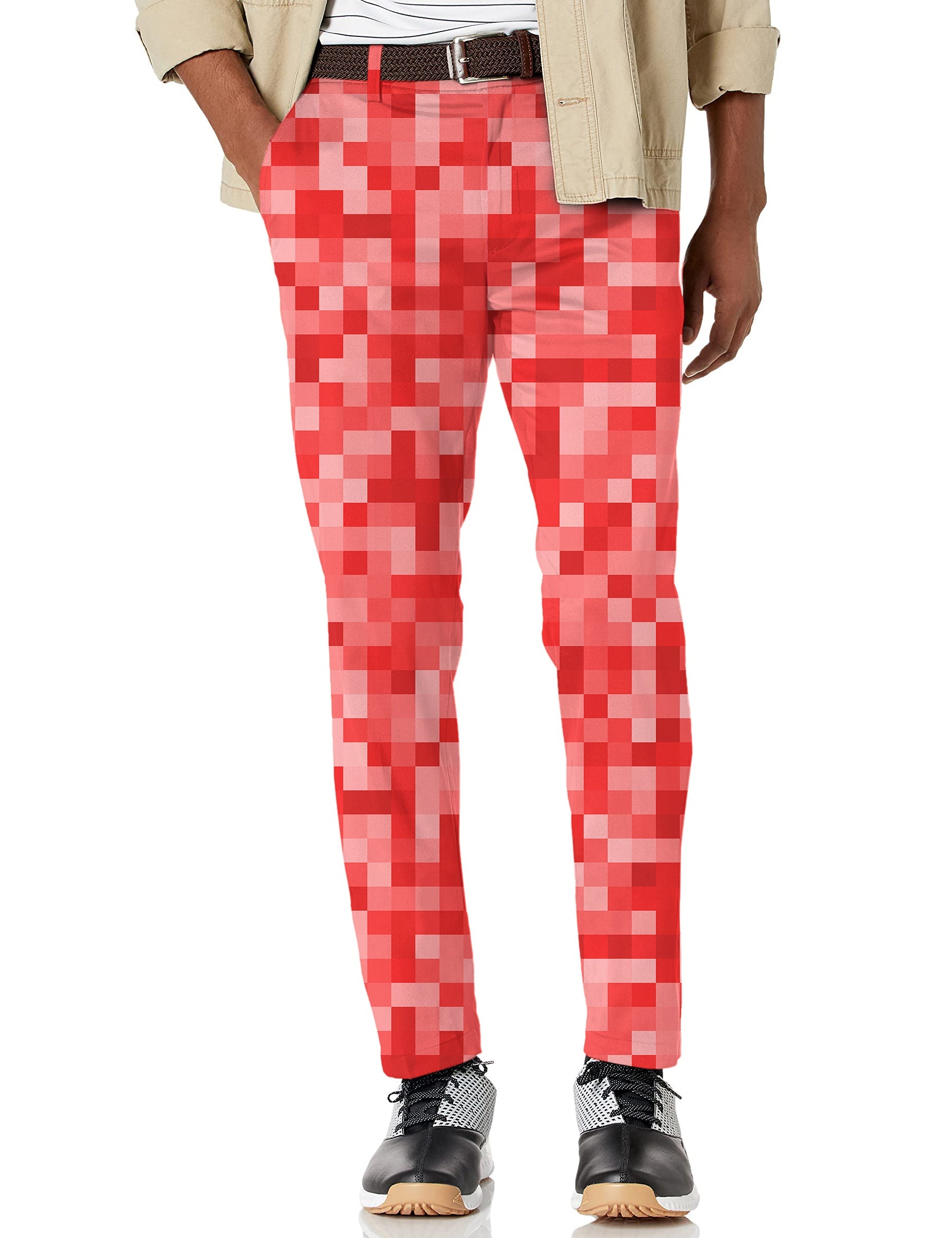 Men's red pixel big stretch golf pants with moisture-wicking and wrinkle-resistant fabric, designed for performance and comfort.