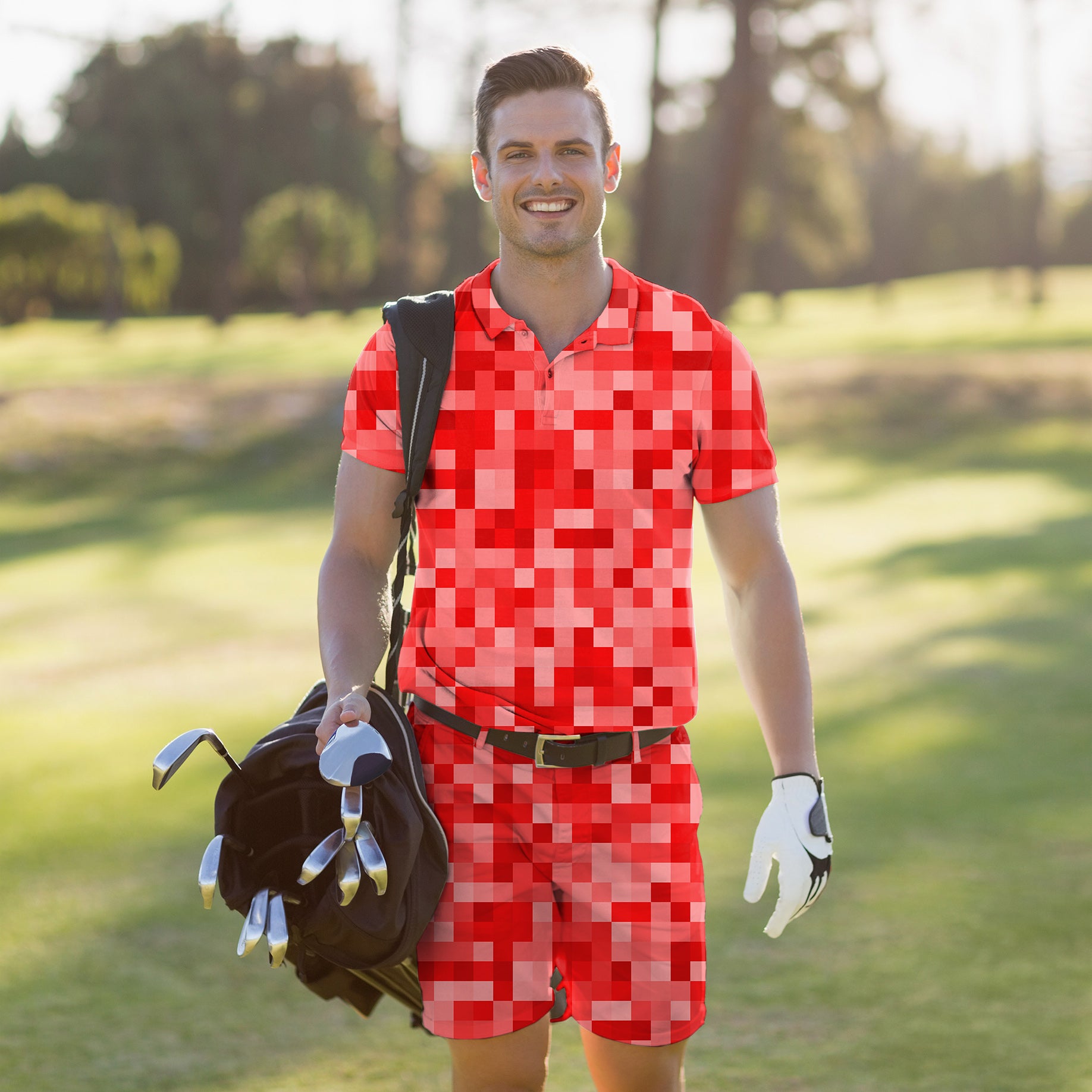 Men's Golf Set Polo+Shorts Red Pixel Big