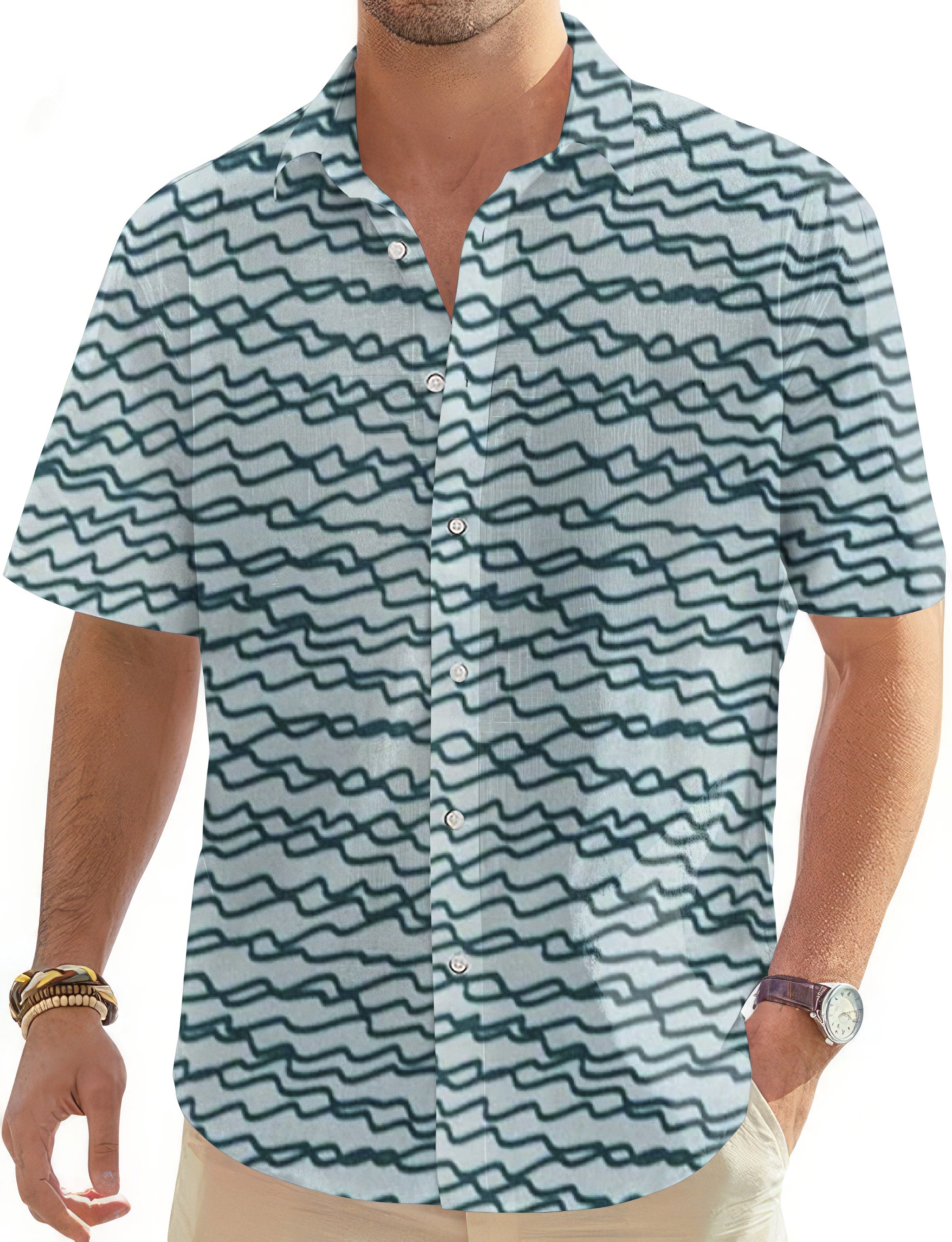 Men's green irregular wavy lines short sleeve button-down golf Hawaiian shirt