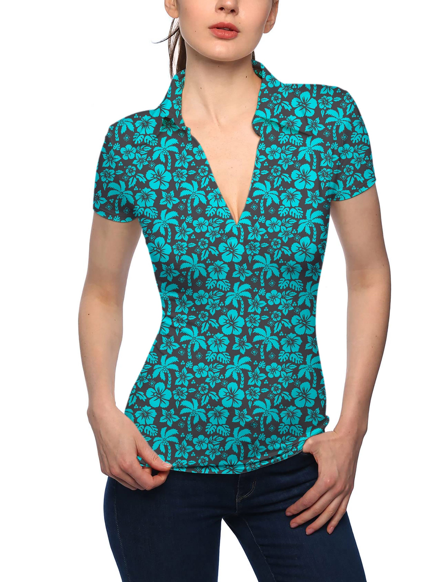 Women's Tropical Hibiscus V Neck Golf Polo