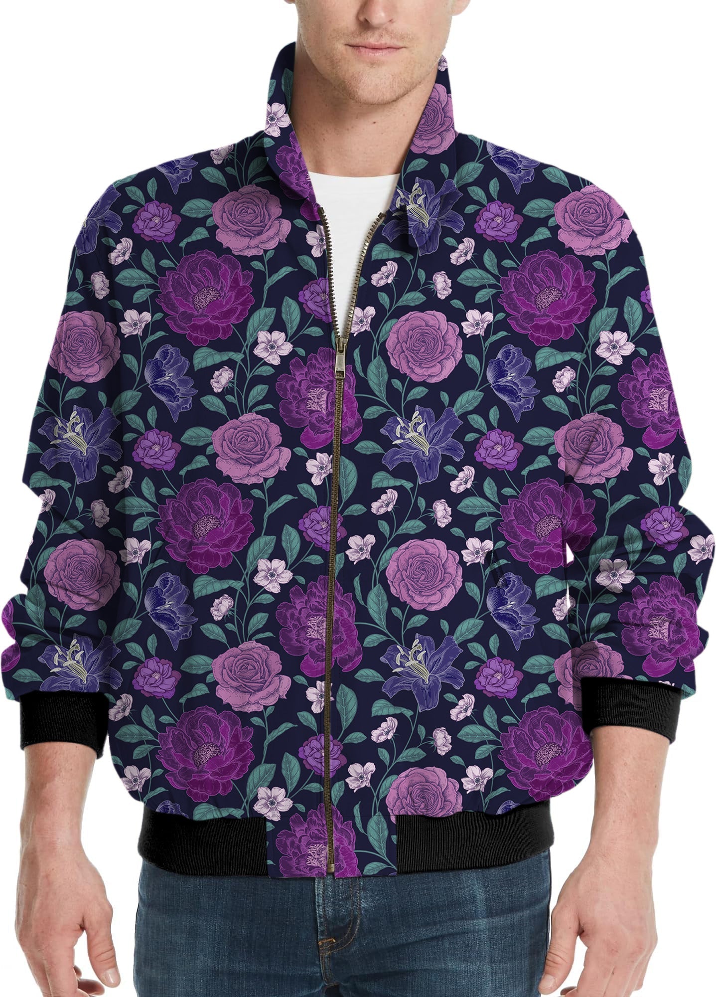 Purple floral men's golf windbreaker jacket with zipper and ribbed cuffs