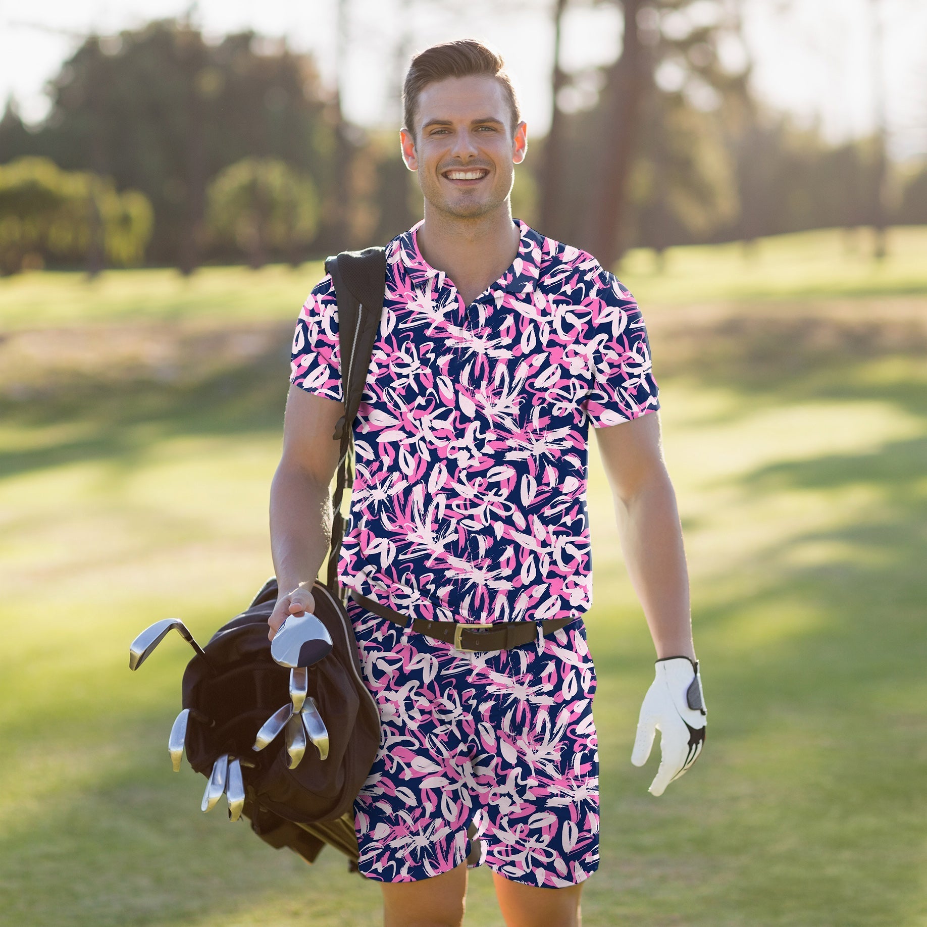 Men's golf set with draw flower polo and shorts, moisture-wicking, four-way stretch, UPF 40+, wrinkle-resistant, classic fit.