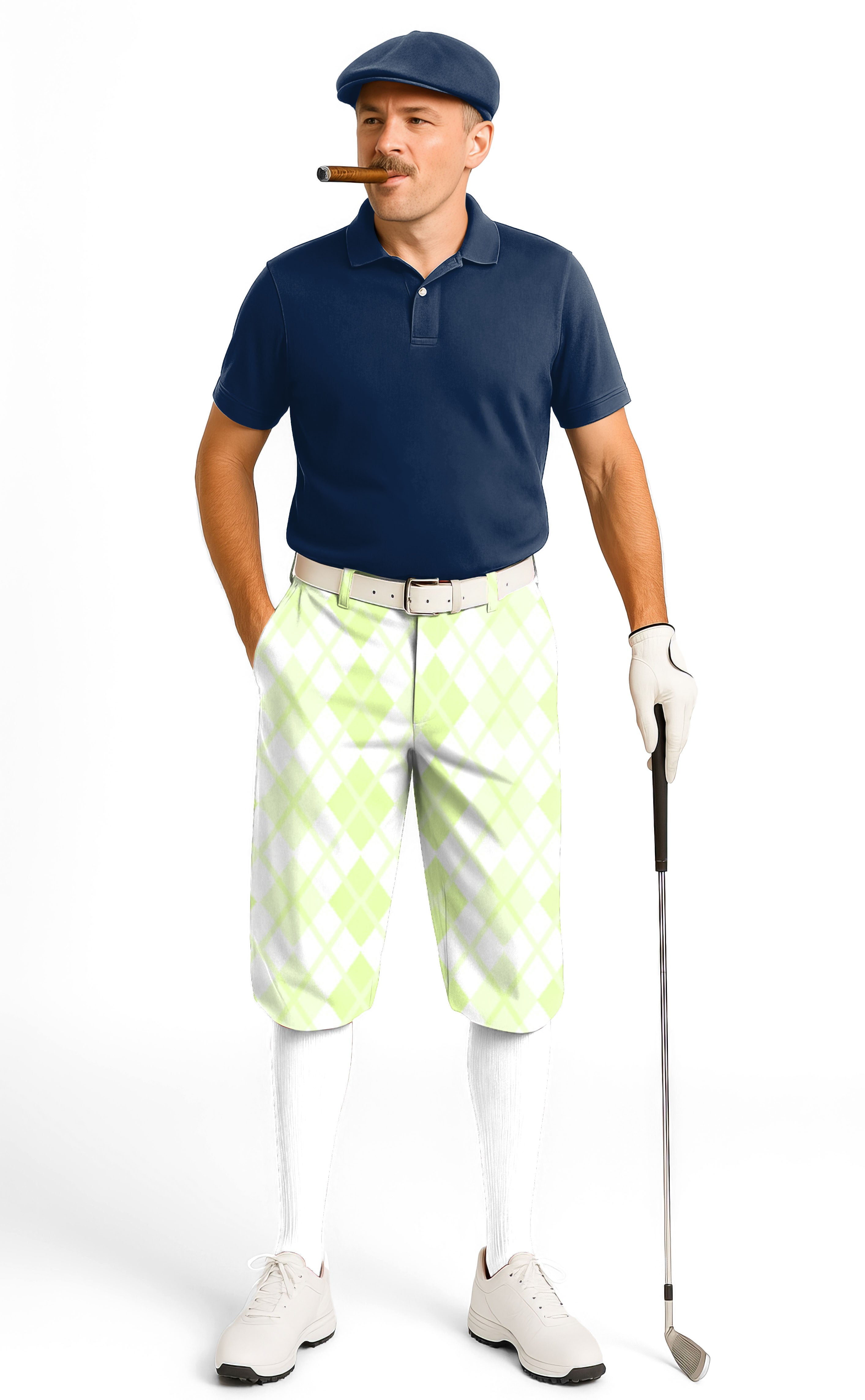 Man wearing green grid men's golf knickers pants with ankle cuffs and stretch fabric playing golf