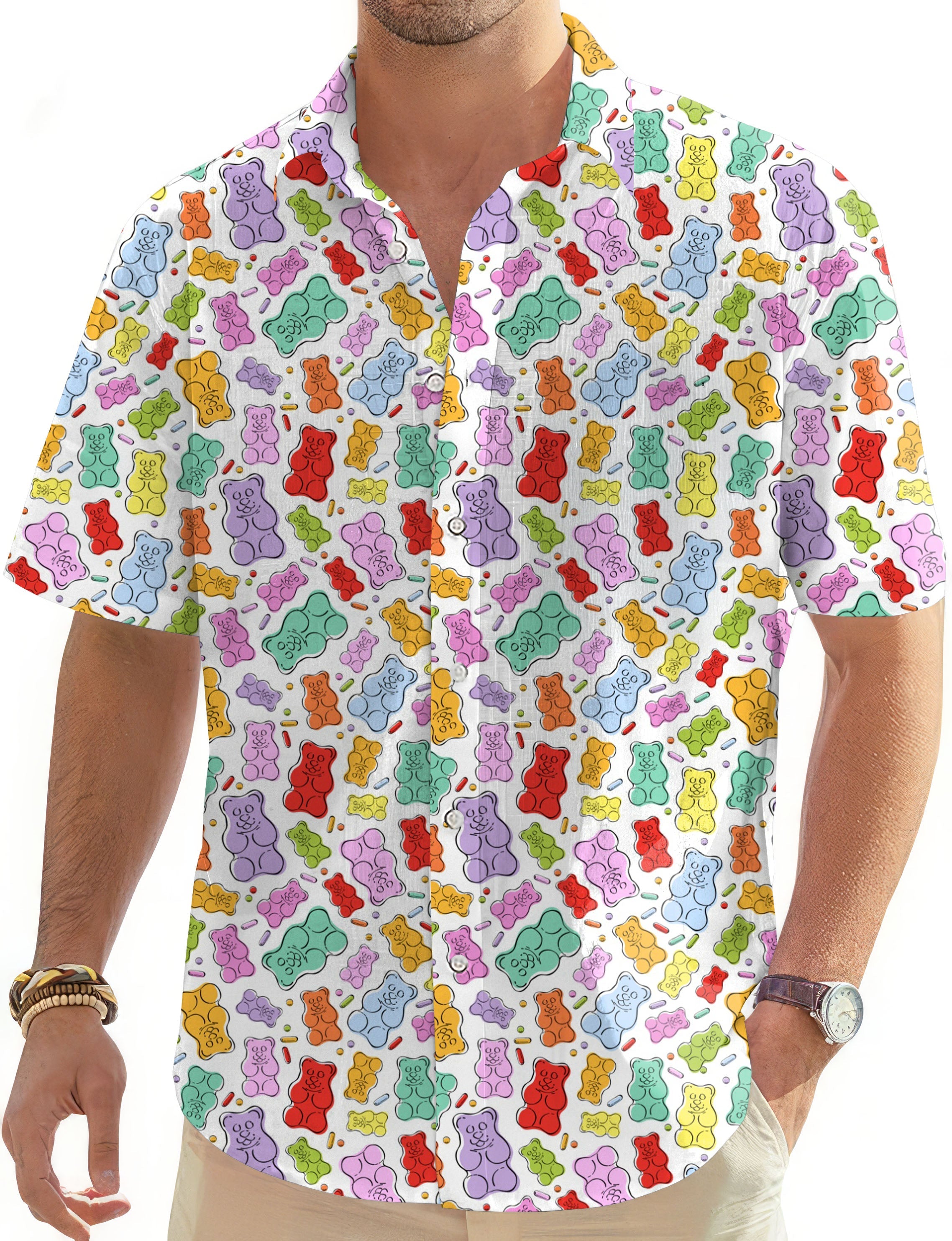 Men's Hawaiian shirt with colorful gummy bear print, short sleeves, and button-down style
