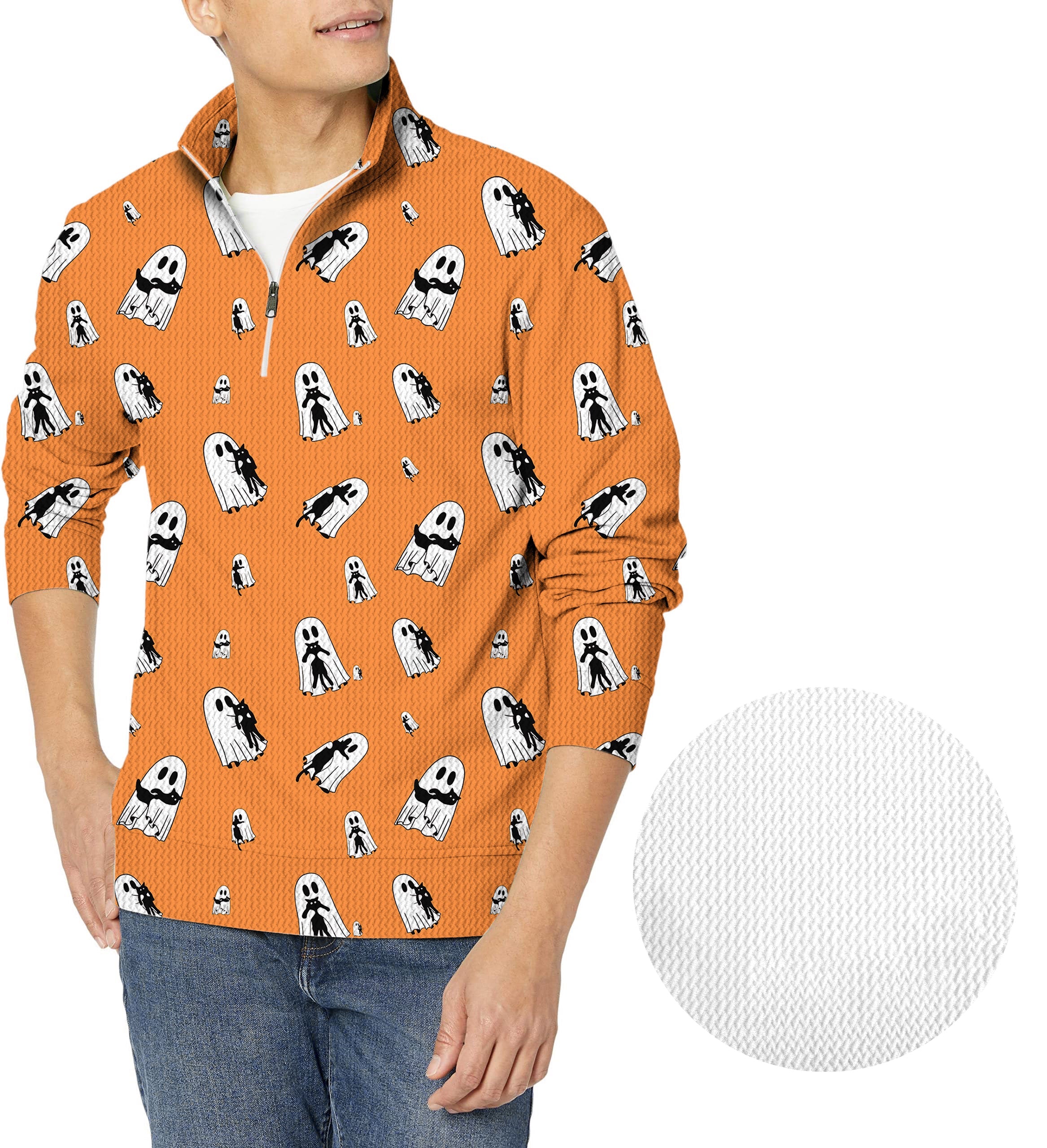 Men's orange golf waffle zipper pullover with Halloween ghost hug pattern