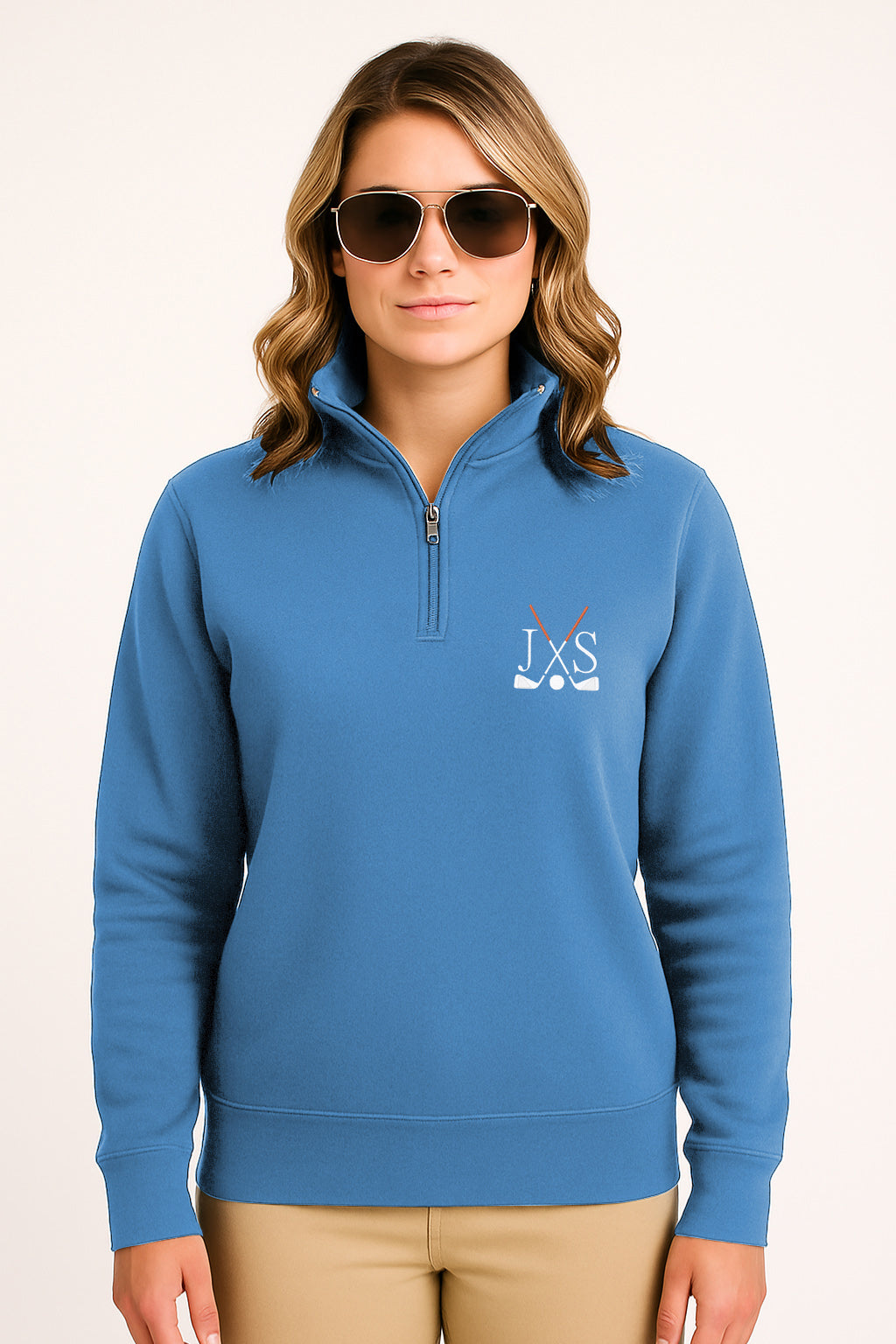Plus size blue high neck hoodie with golf clubs embroidery solid color design