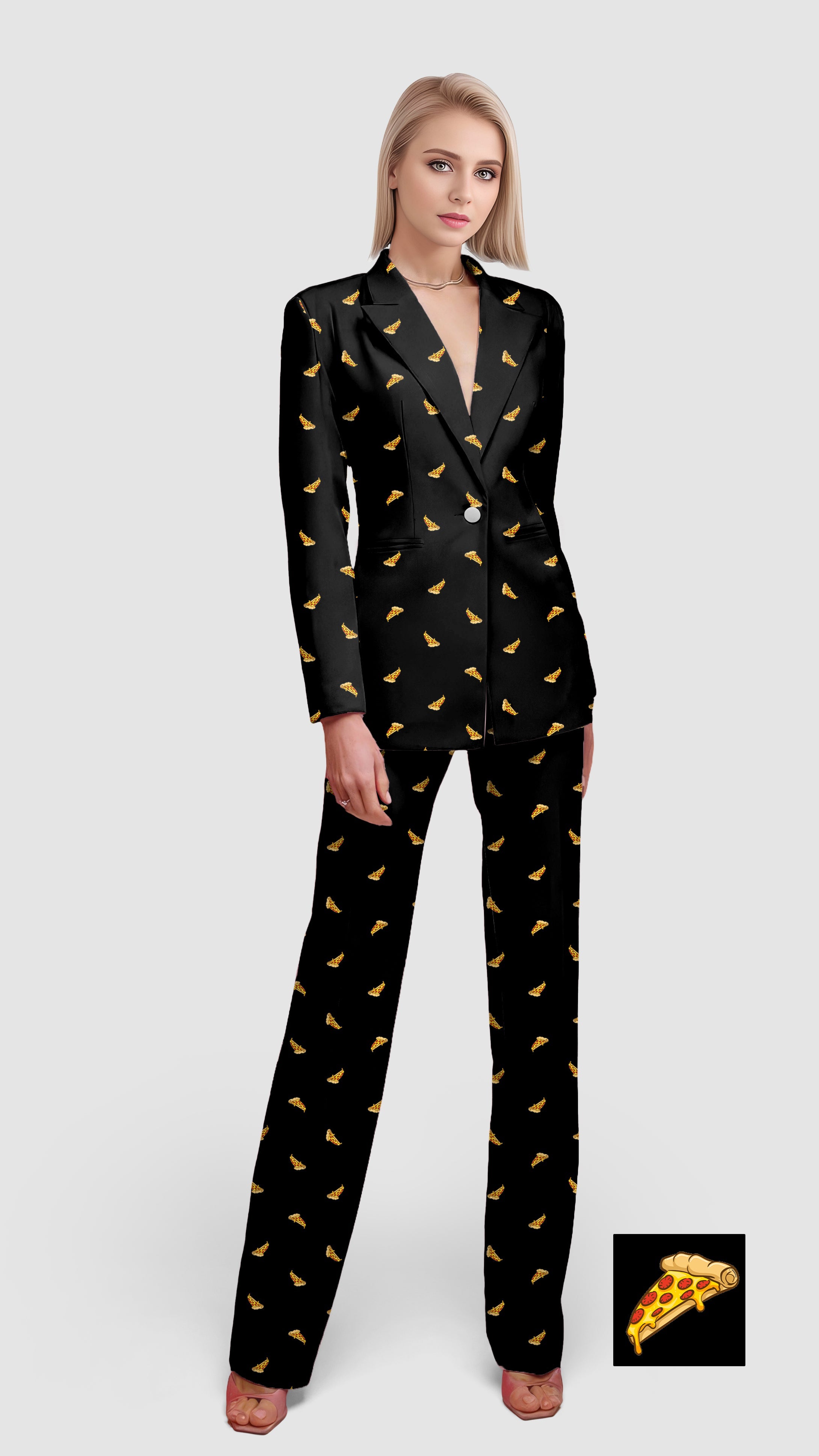 Women's black blazer and pants suit set with white pizza custom pattern, casual and office wear.