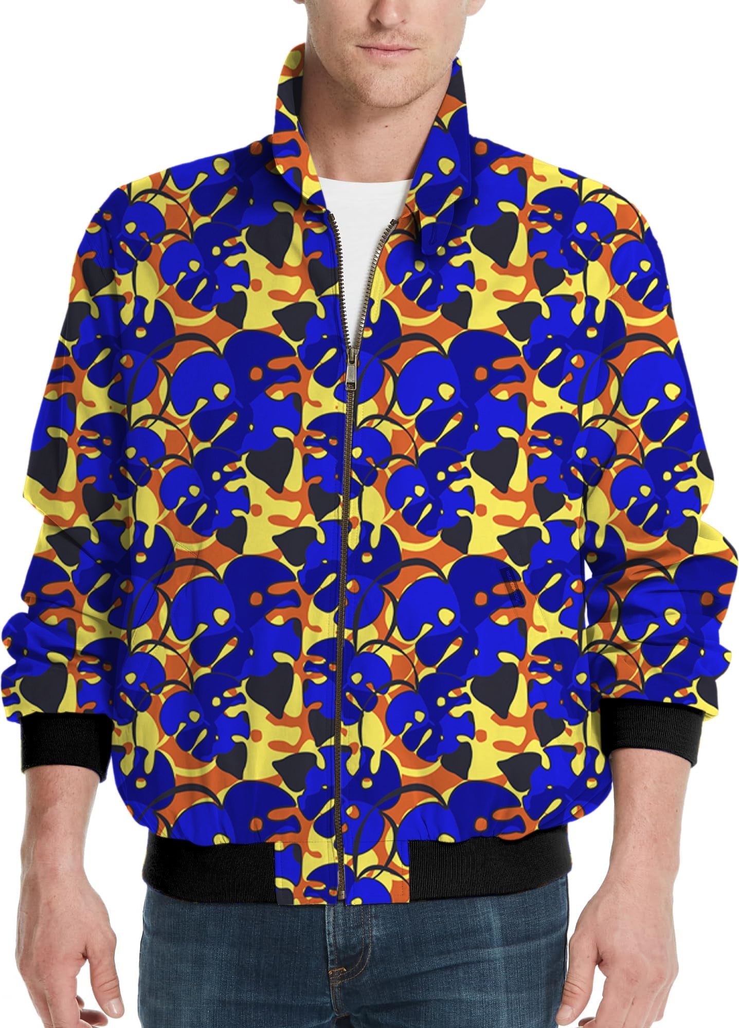 Men's golf windbreaker jacket with tropical leaves and plants design in blue and yellow colors