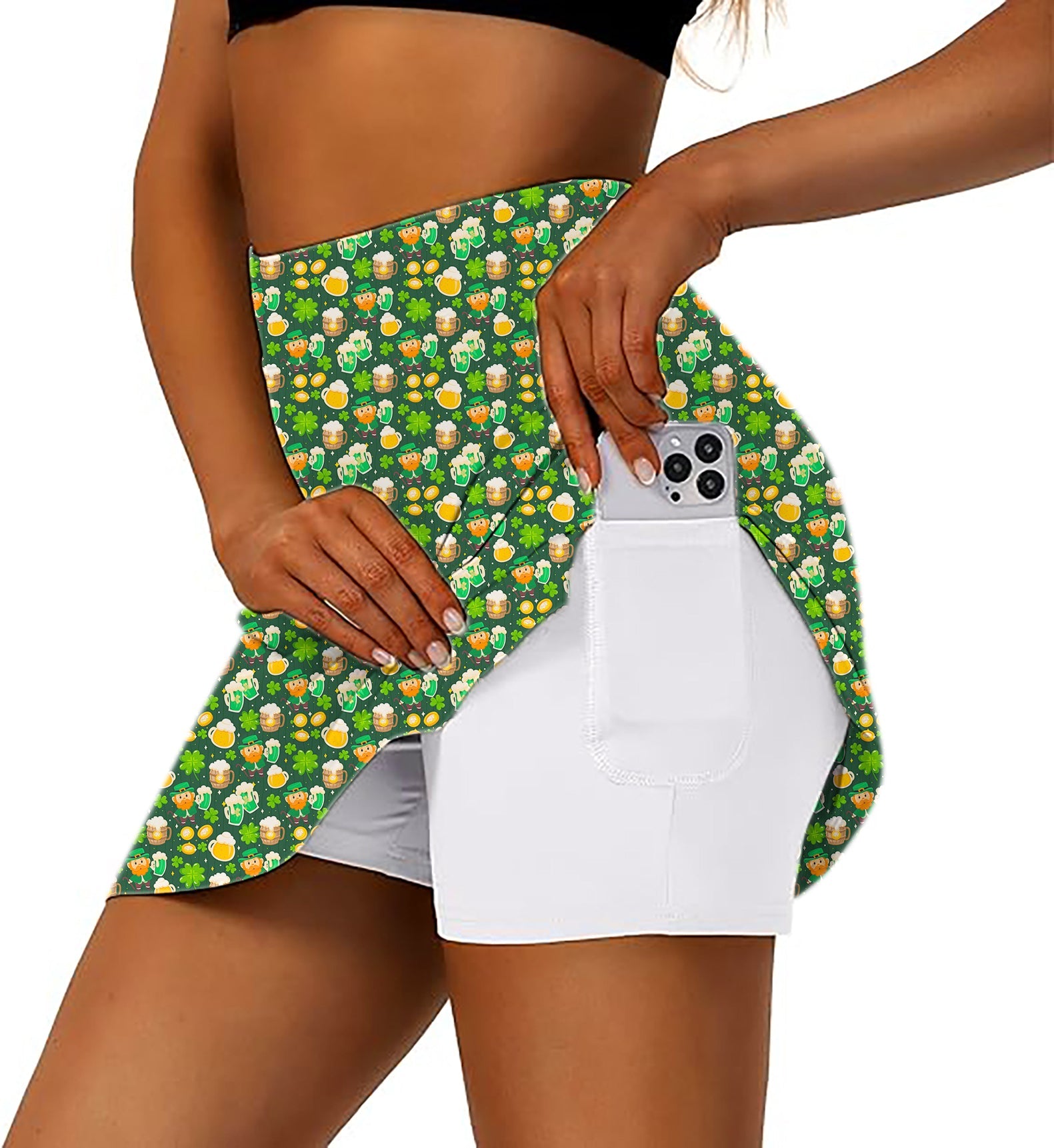 Women's green beer clover athletic golf skorts with phone pocket and flared skirt design