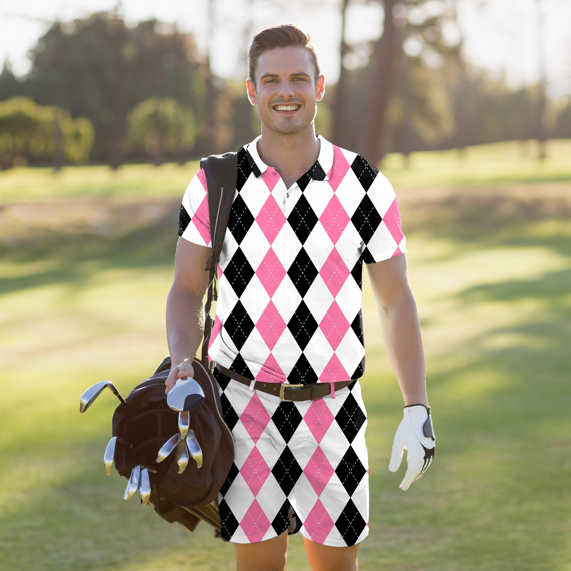 Men's golf set polo and shorts in pink black argyle pattern with four-way stretch and moisture-wicking fabric
