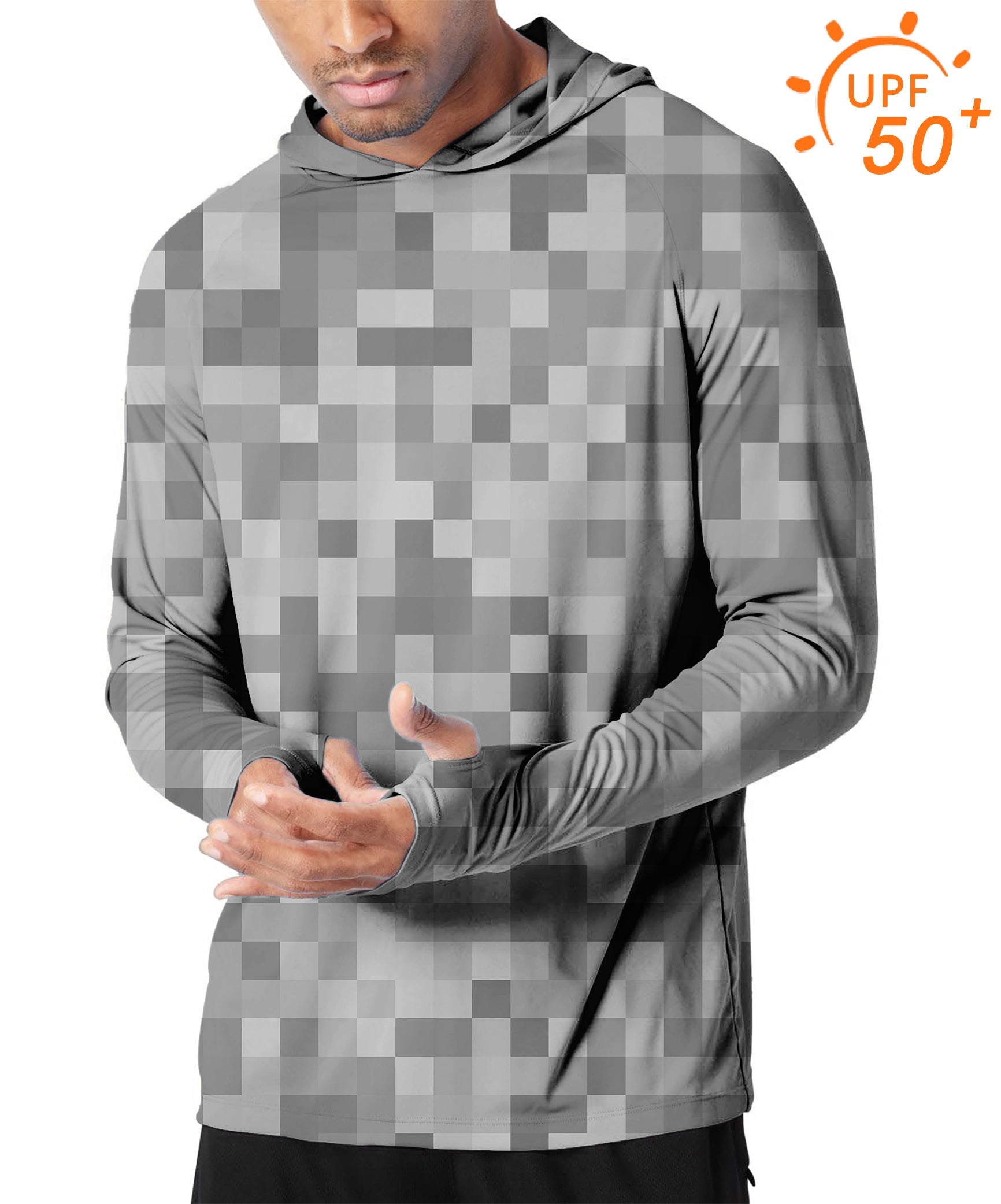 Men's outdoor grey pixel golf hoodie with UPF 50+ sun protection and slim fit design
