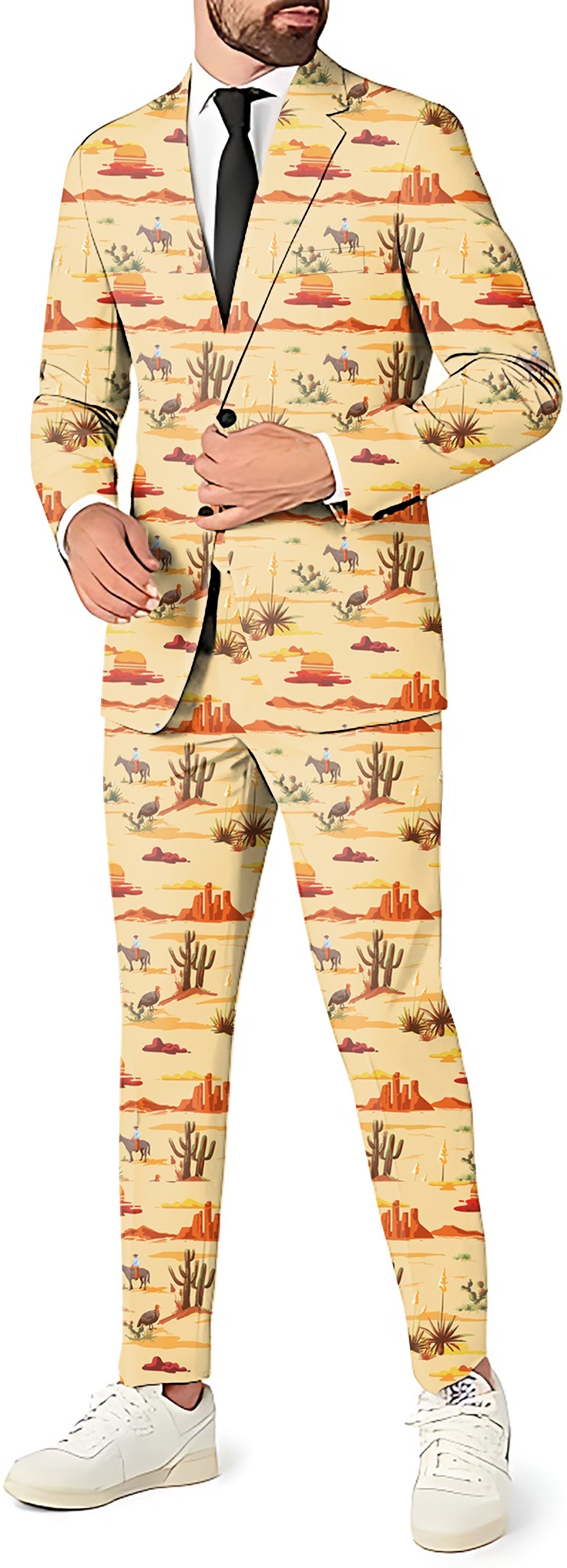 Vintage Desert Men's party suit with blazer, pants, and vest in desert landscape print