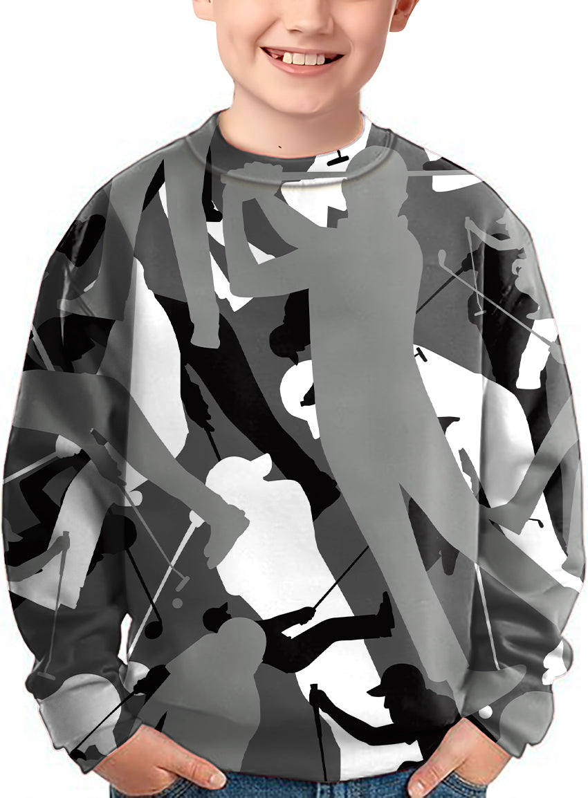 Black and white golf crewneck pullover for kids with golf-themed silhouettes and customizable options