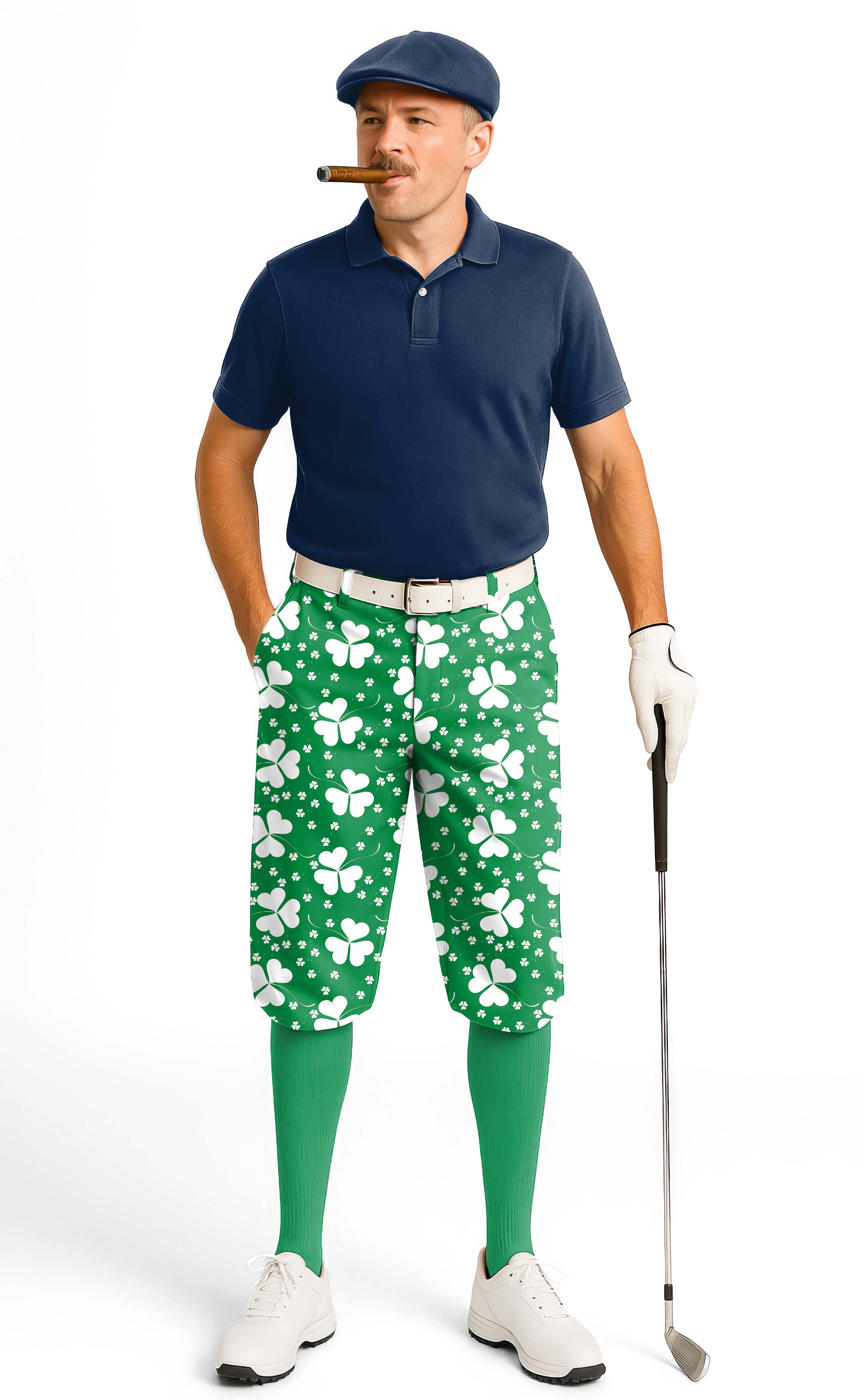 Men's golf knickers featuring green leaf clover St. Patrick's Day design with snug ankle cuffs and breathable fabric