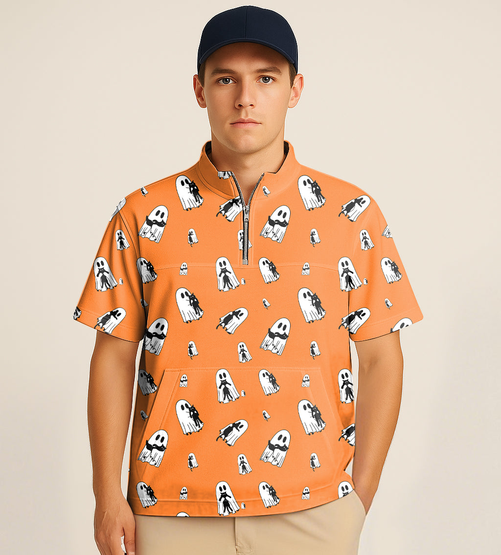 Half zipper turtleneck golf shirt with Halloween ghost cat embroidery on orange background
