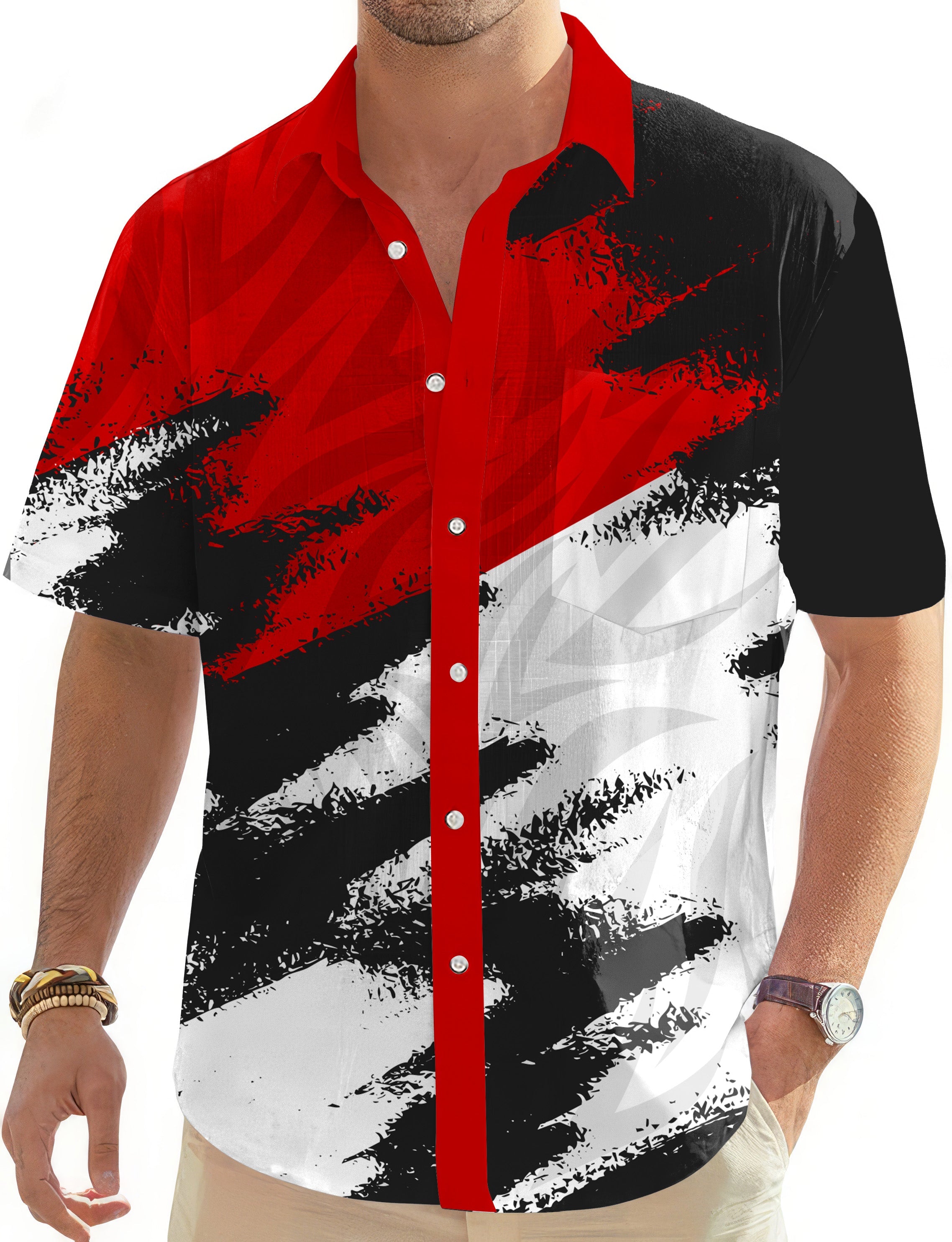 Red custom sport men's golf Hawaiian button down shirt with graphic design
