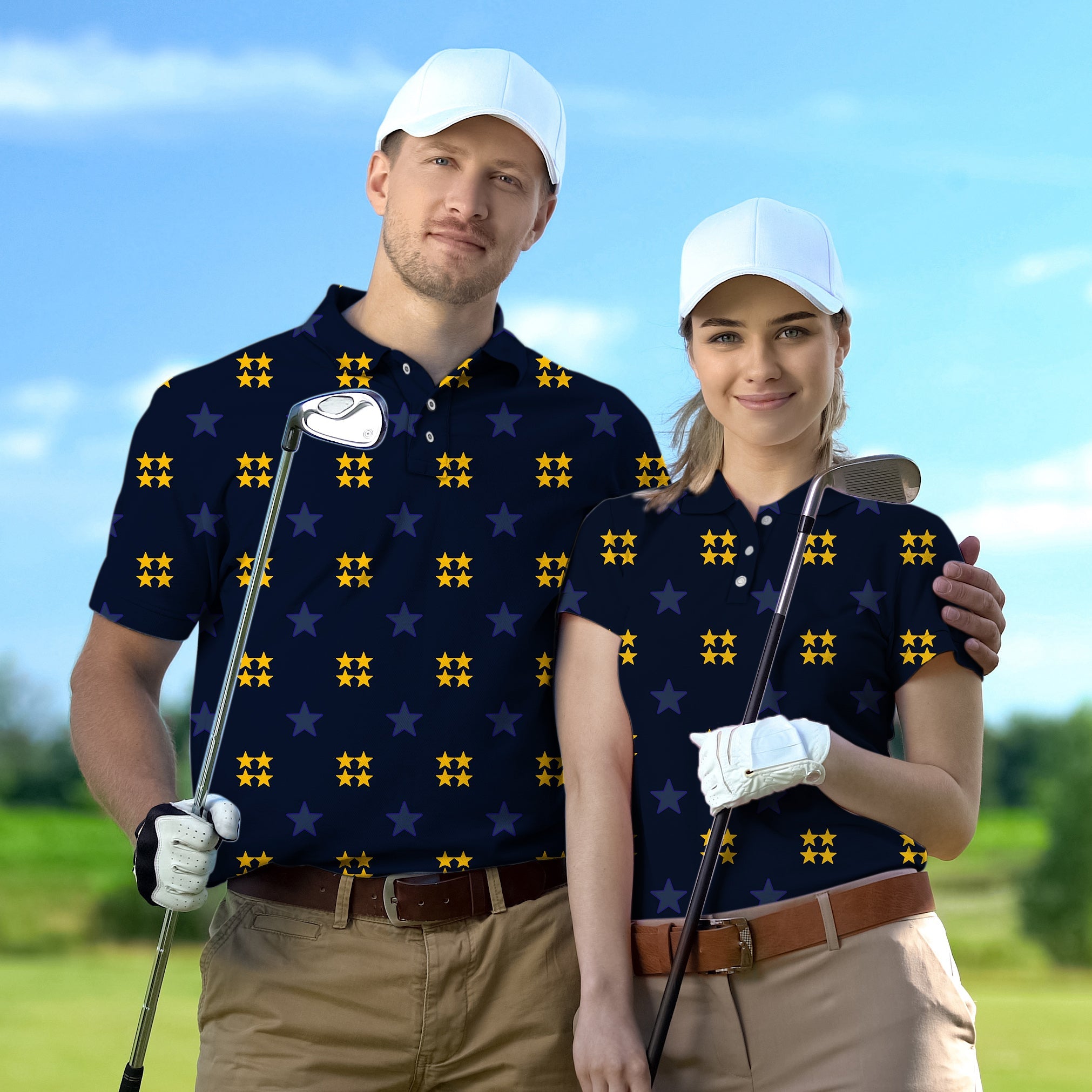 Limited edition couple golf polos with star pattern for championship tournament