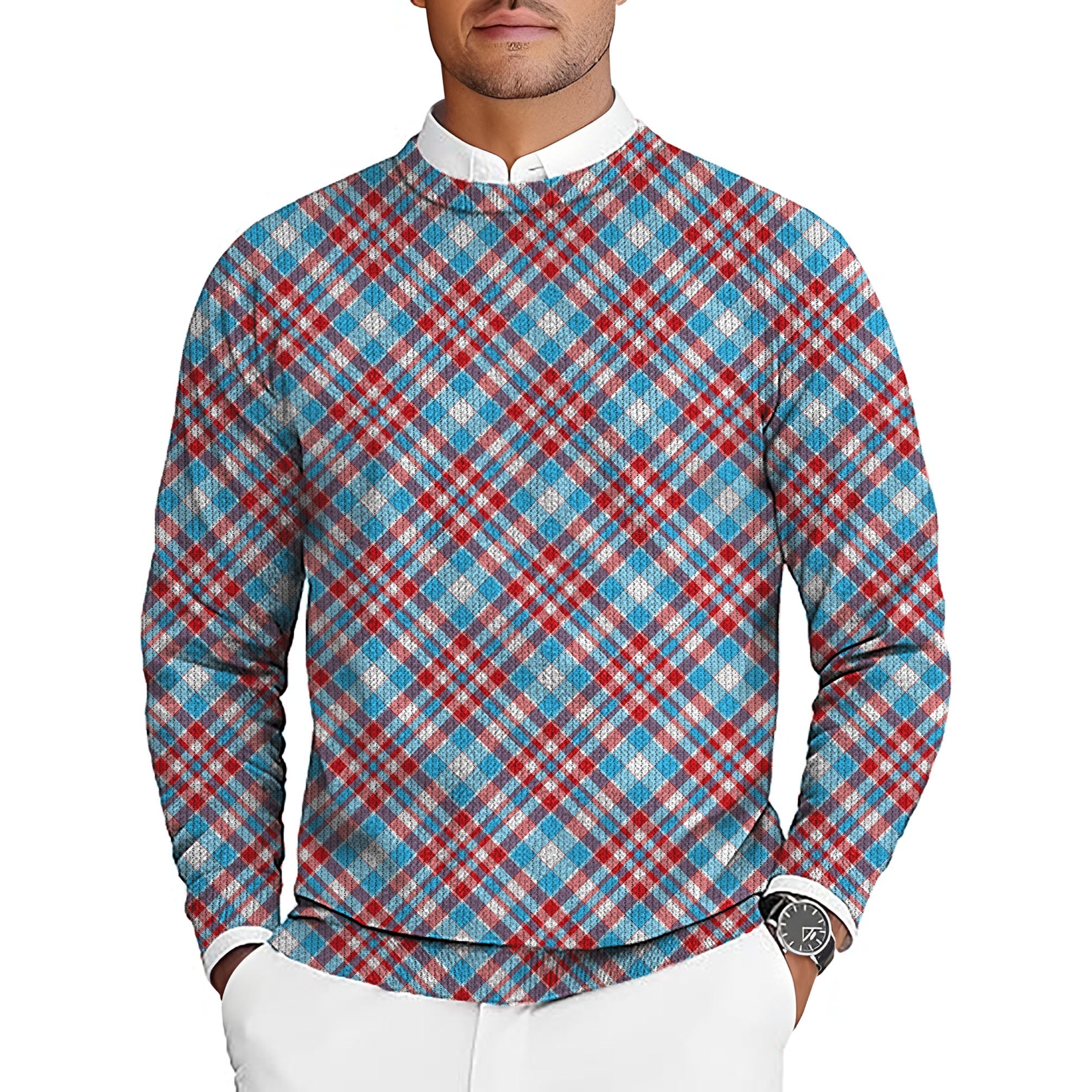 Men's golf crewneck pullover sweater with red and blue argyle pattern