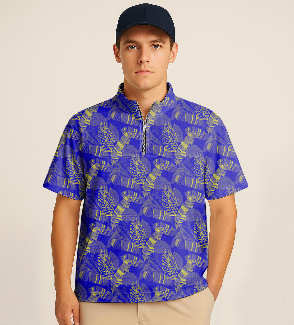 Male model wearing half zipper turtleneck golf shirt with yellow palm embroidery