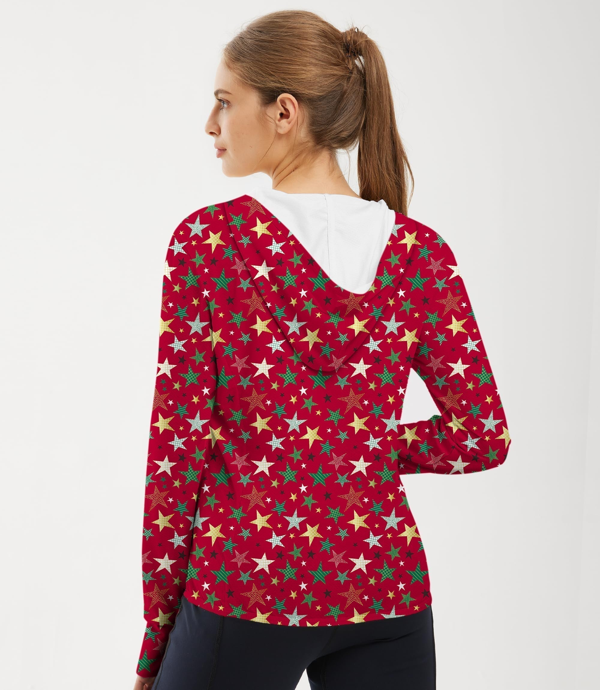 Women's outdoor slim fit zip hoodie with colorful stars pattern for sun protection and moisture wicking