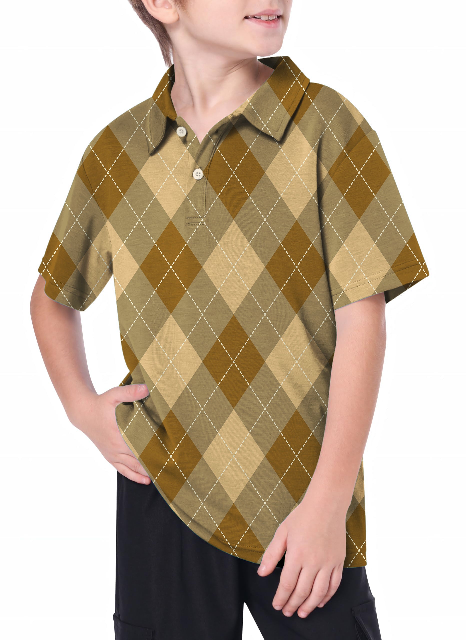 Youth brown argyle golf polo shirt for women's outdoor activities with moisture-wicking and UPF 40+ protection
