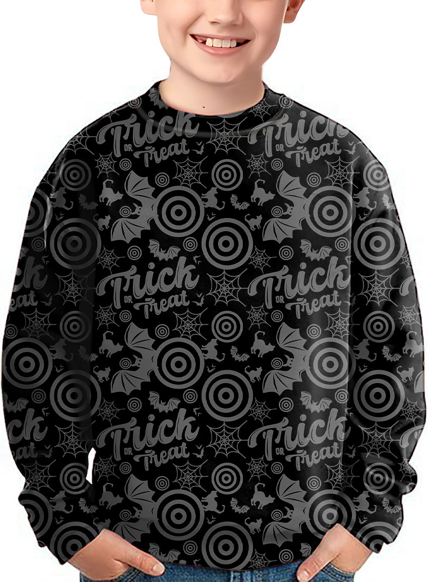 Halloween Circle Bat Cat Crewneck Pullover Kids Ugly Sweater