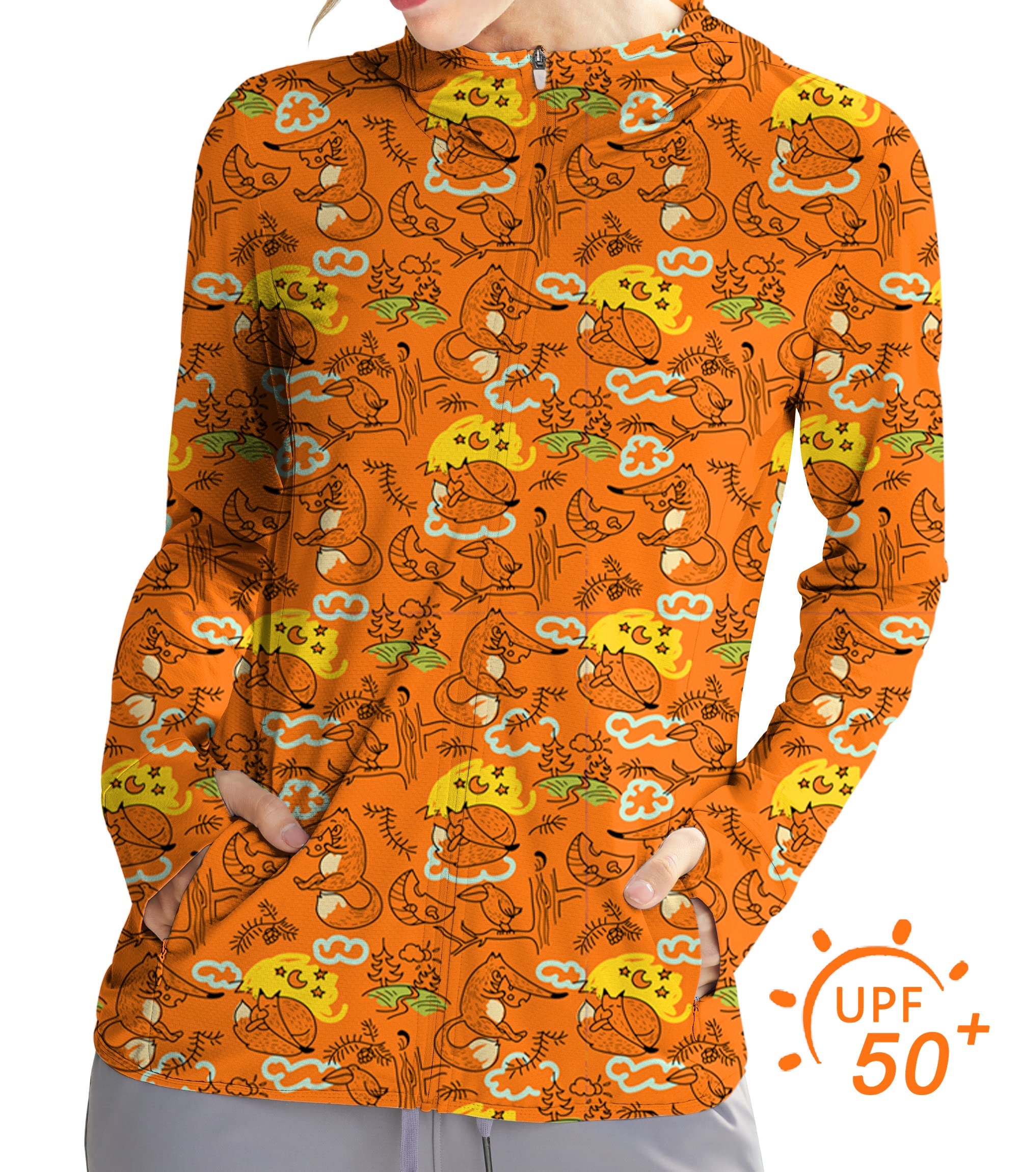Women's outdoor slim fit zip hoodie with lazy fox print and UPF 50+ sun protection