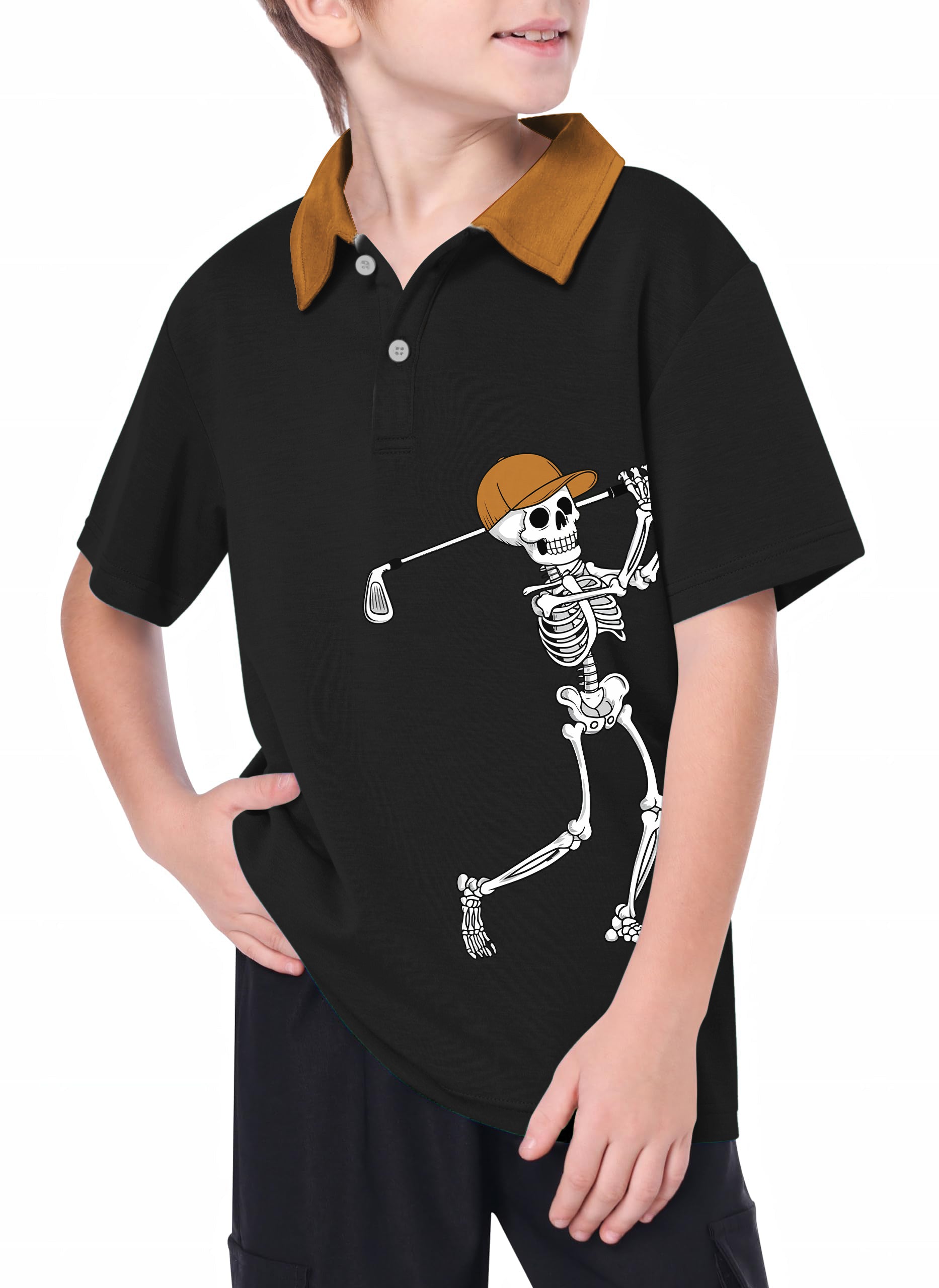 Youth Pumpkin Black Halloween Skeleton Golf Golf Polo
