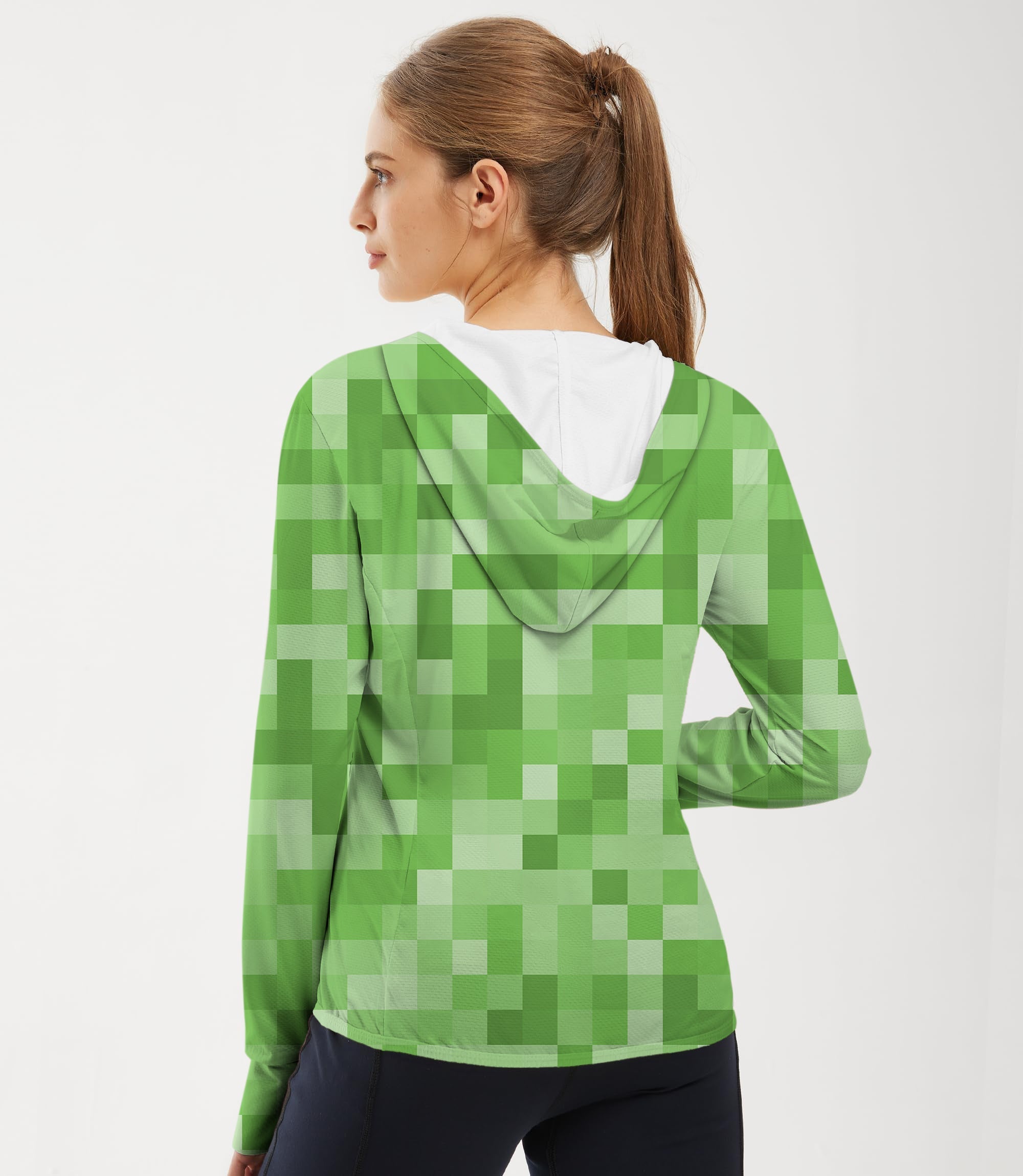 Women's outdoor light green pixel pattern slim fit golf hoodie with sun protection and moisture-wicking fabric