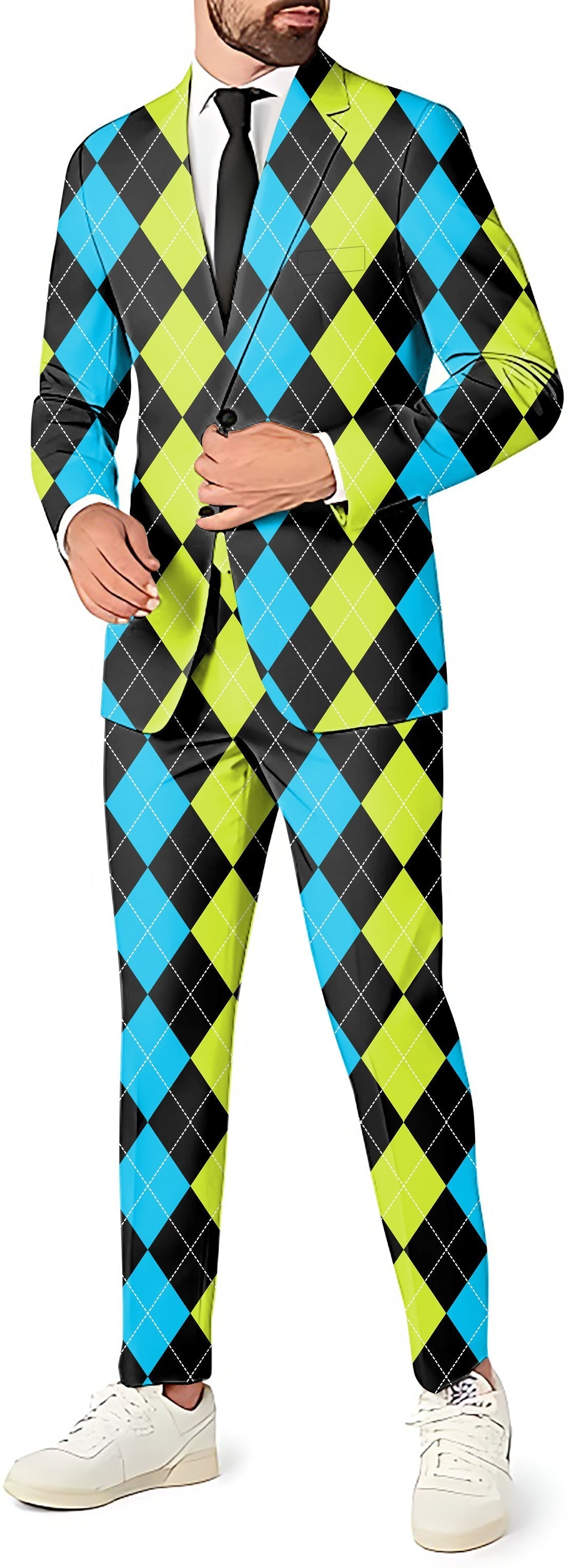 Halloween black green blue argyle men's party suit with blazer, pants, and vest
