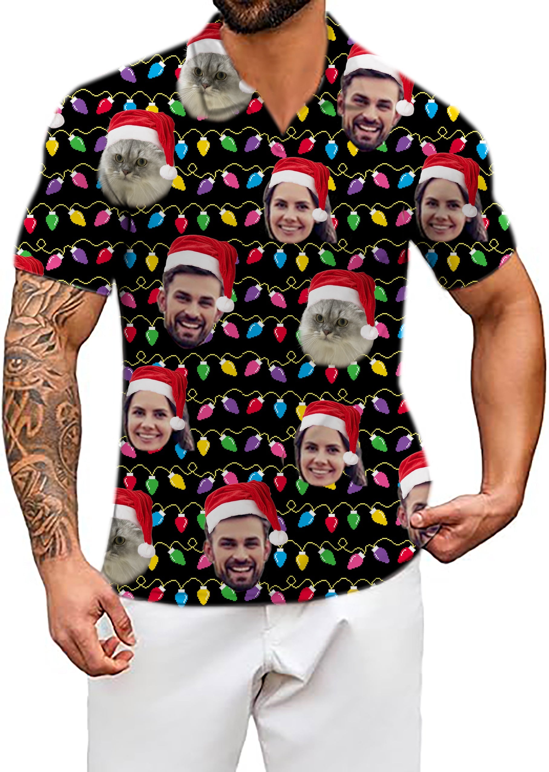 Men's Coconut Palm navy blue Christmas custom face shirt with festive lights and Santa hats design