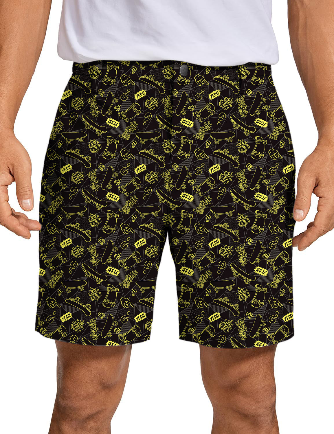Men's Yessi Golf Shorts with black and yellow personalized pattern, quick-dry, lightweight, and wrinkle-free design