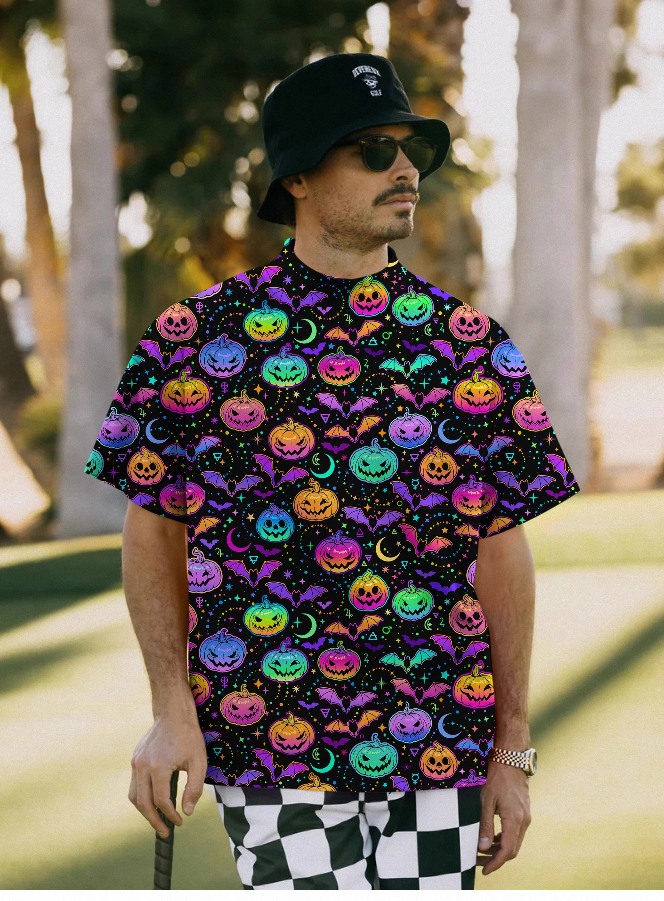 Men's neon Halloween pumpkin pullover T-shirt with colorful jack-o'-lanterns and bats design