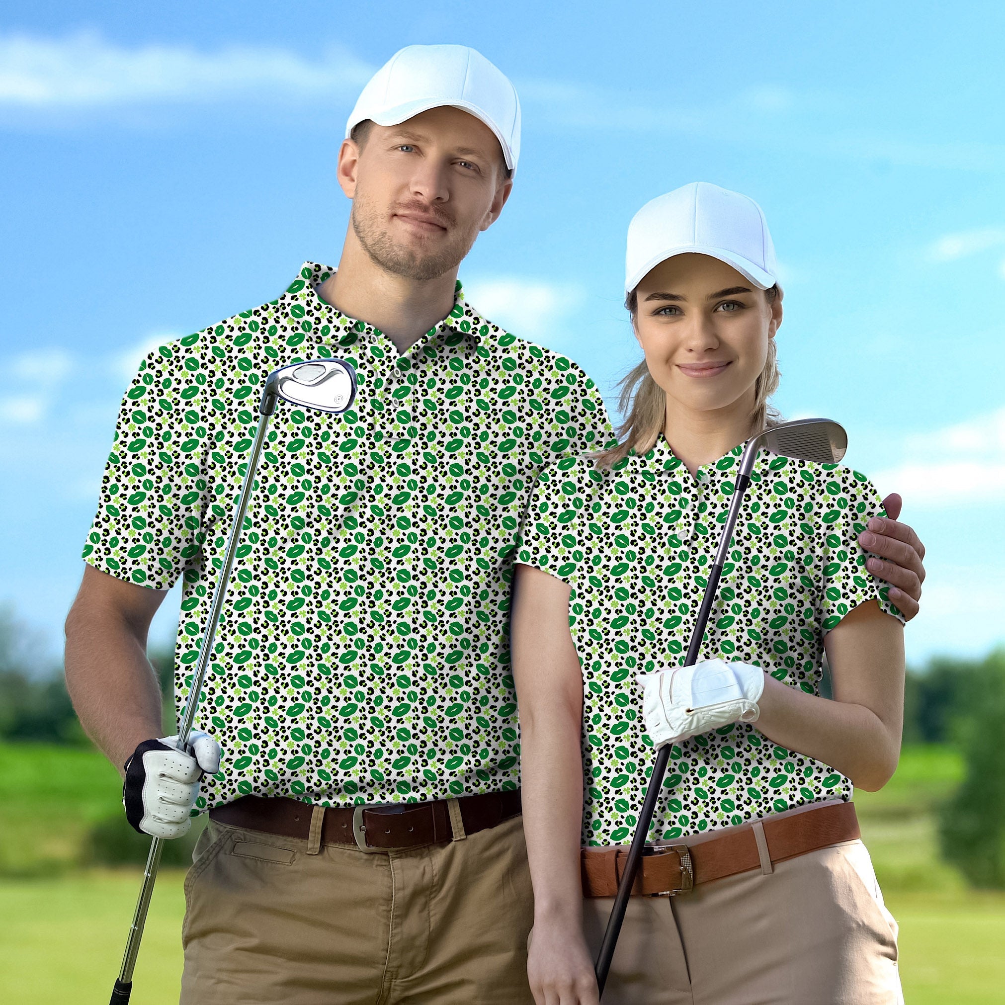 Couple wearing green leopard print golf polo shirts with white caps on golf course